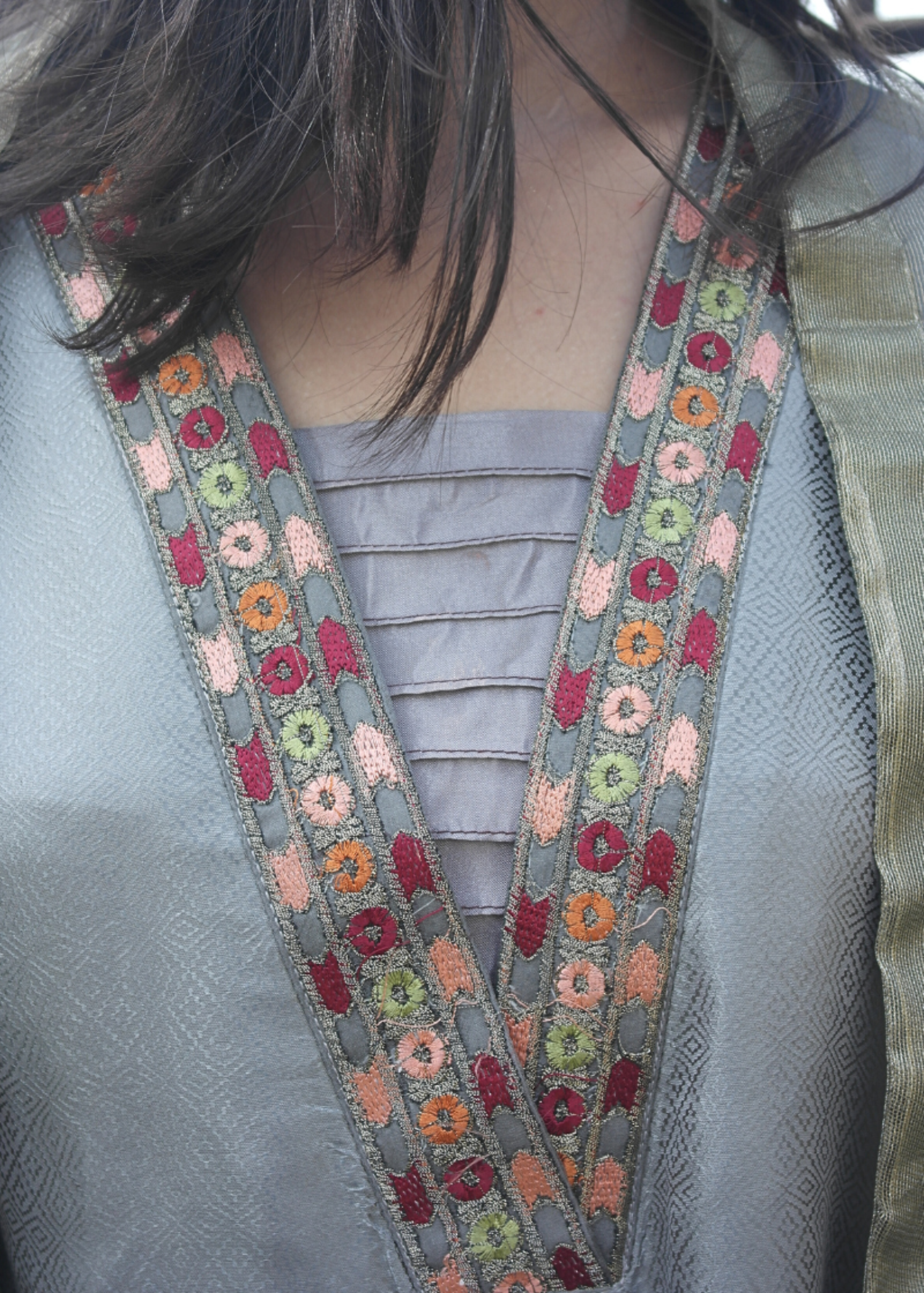 jacquard silk Anarkali in Ash grey