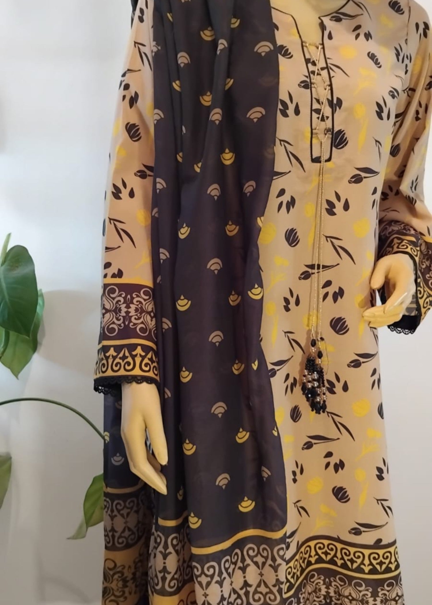 silk finish lawn Unstitched in Black, gold, mustard