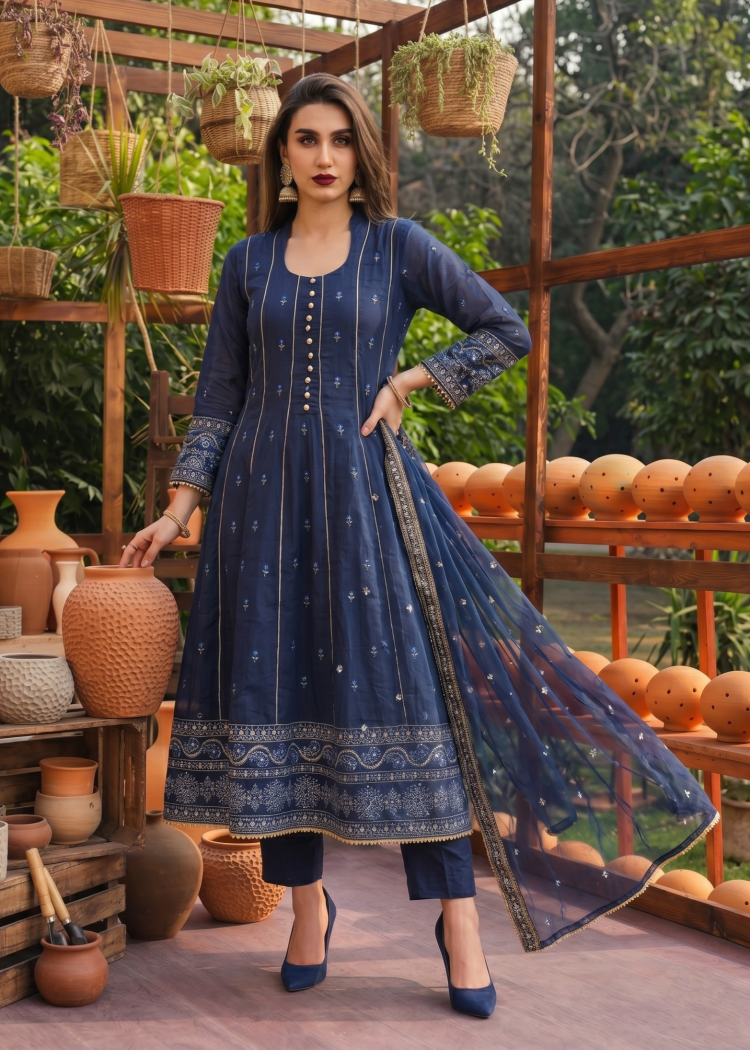 lawn Pishwas in Navy blue