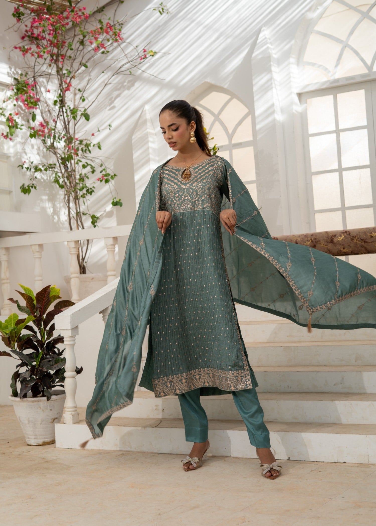 raw silk Kurta Set in Moss green