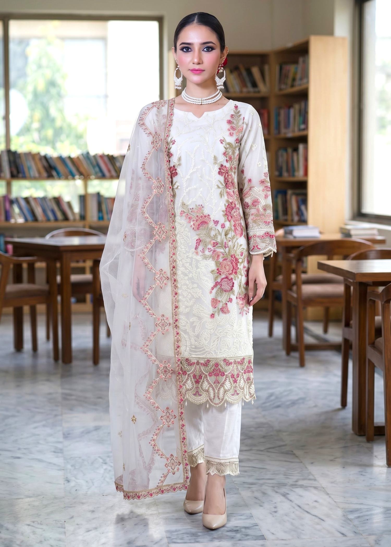 pk crinkle chiffon Kurta Set in White