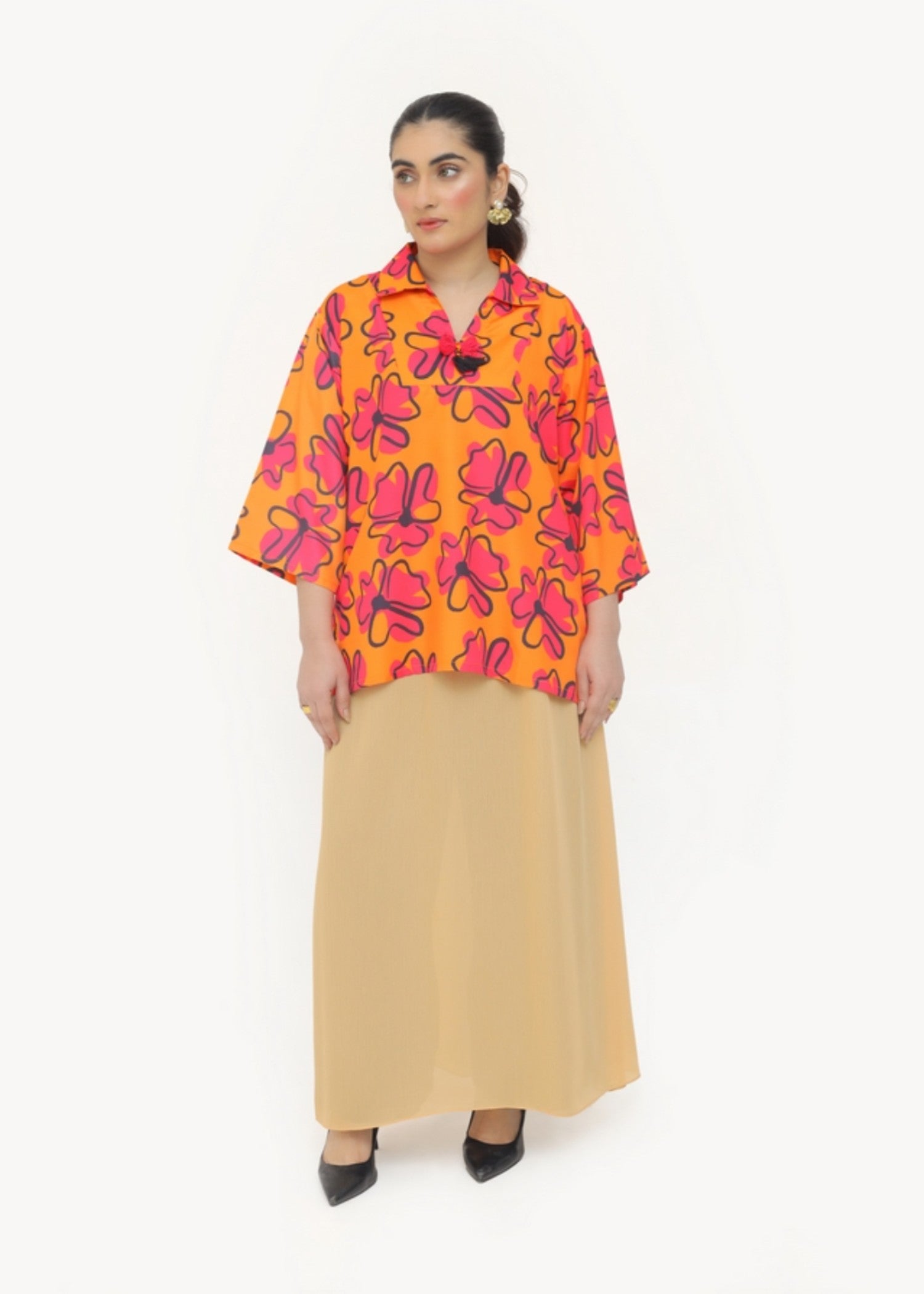 silk finish lawn Top in Coral orange