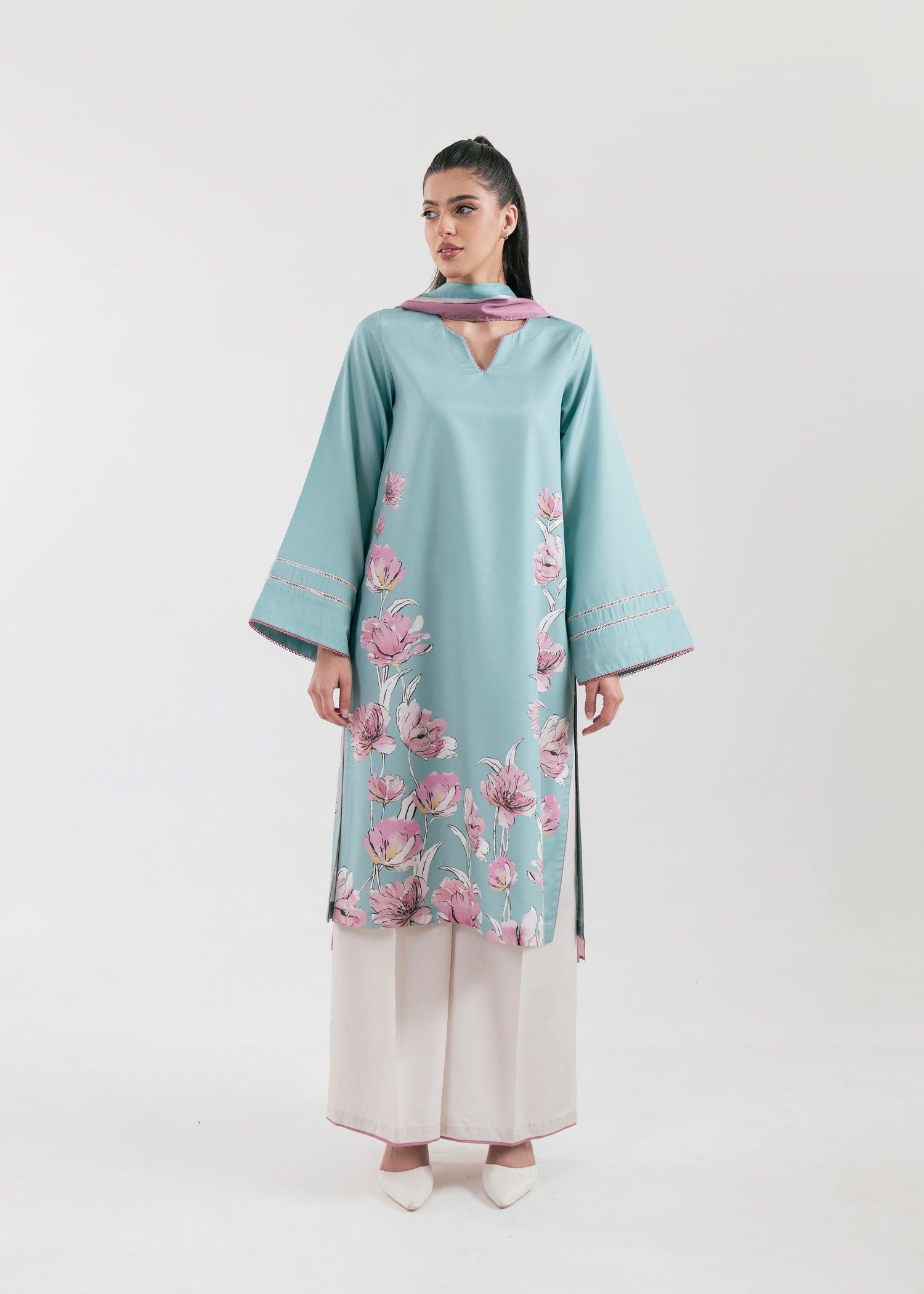poly lawn Kurta Set in Light blue