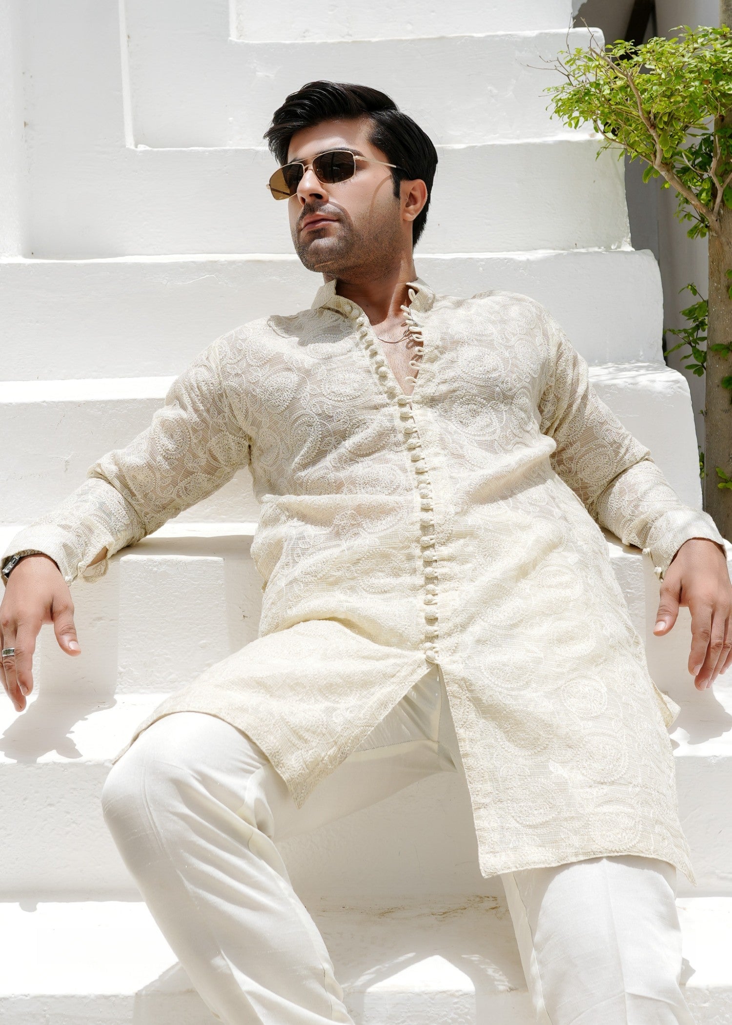 khaddi net Kurta in Beige