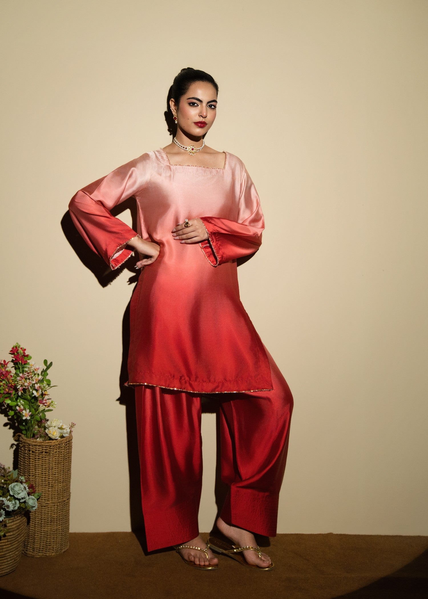 silk Kurta Set in Vivid pink