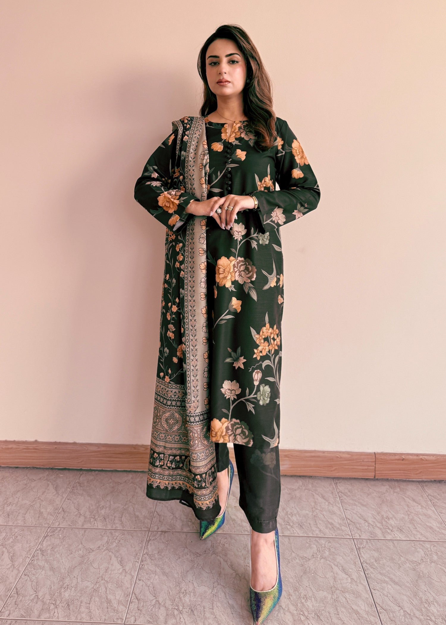 khaddar Kurta Set in Dark green