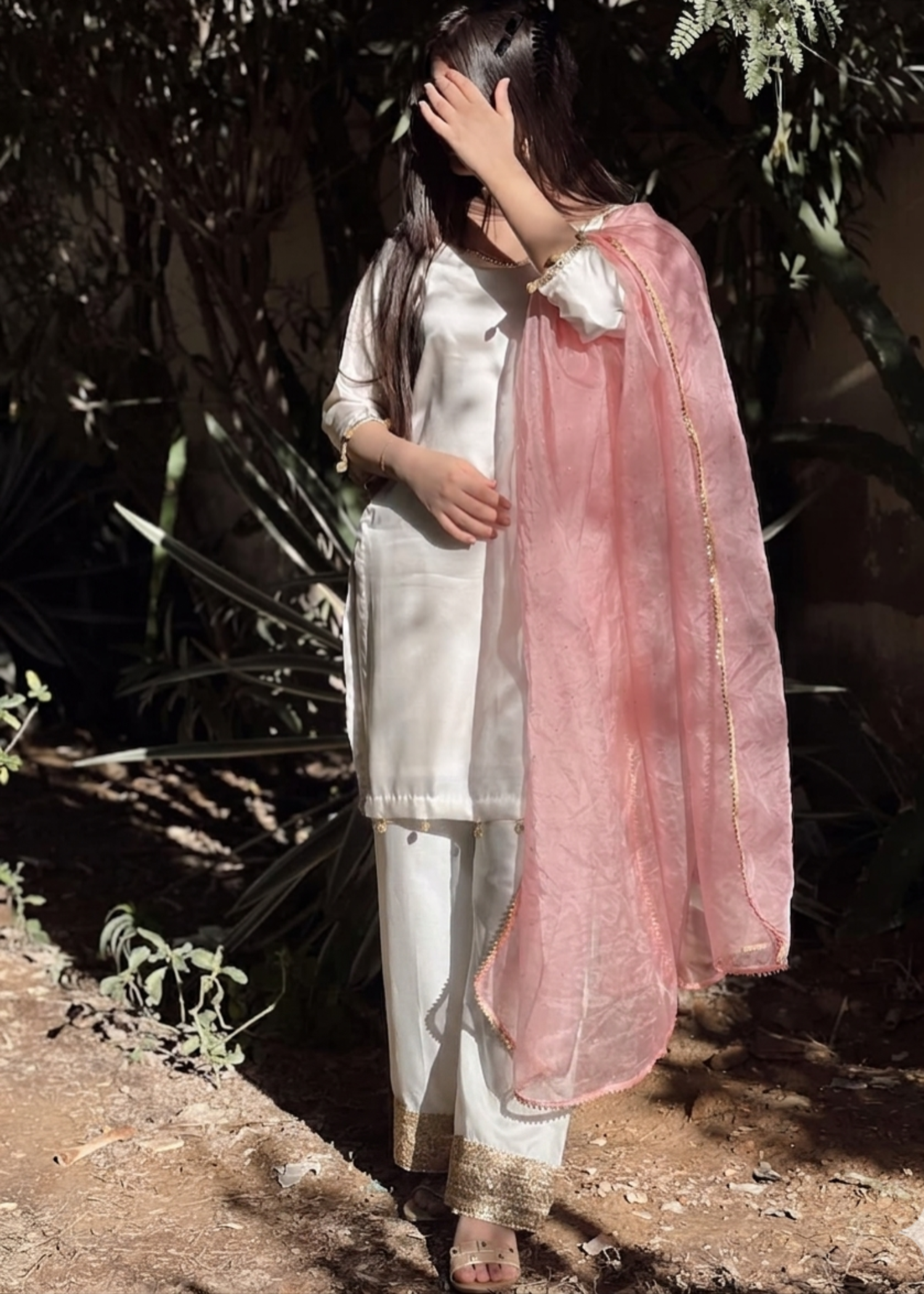 silk Kurta Set in Tea rose pink, floral white