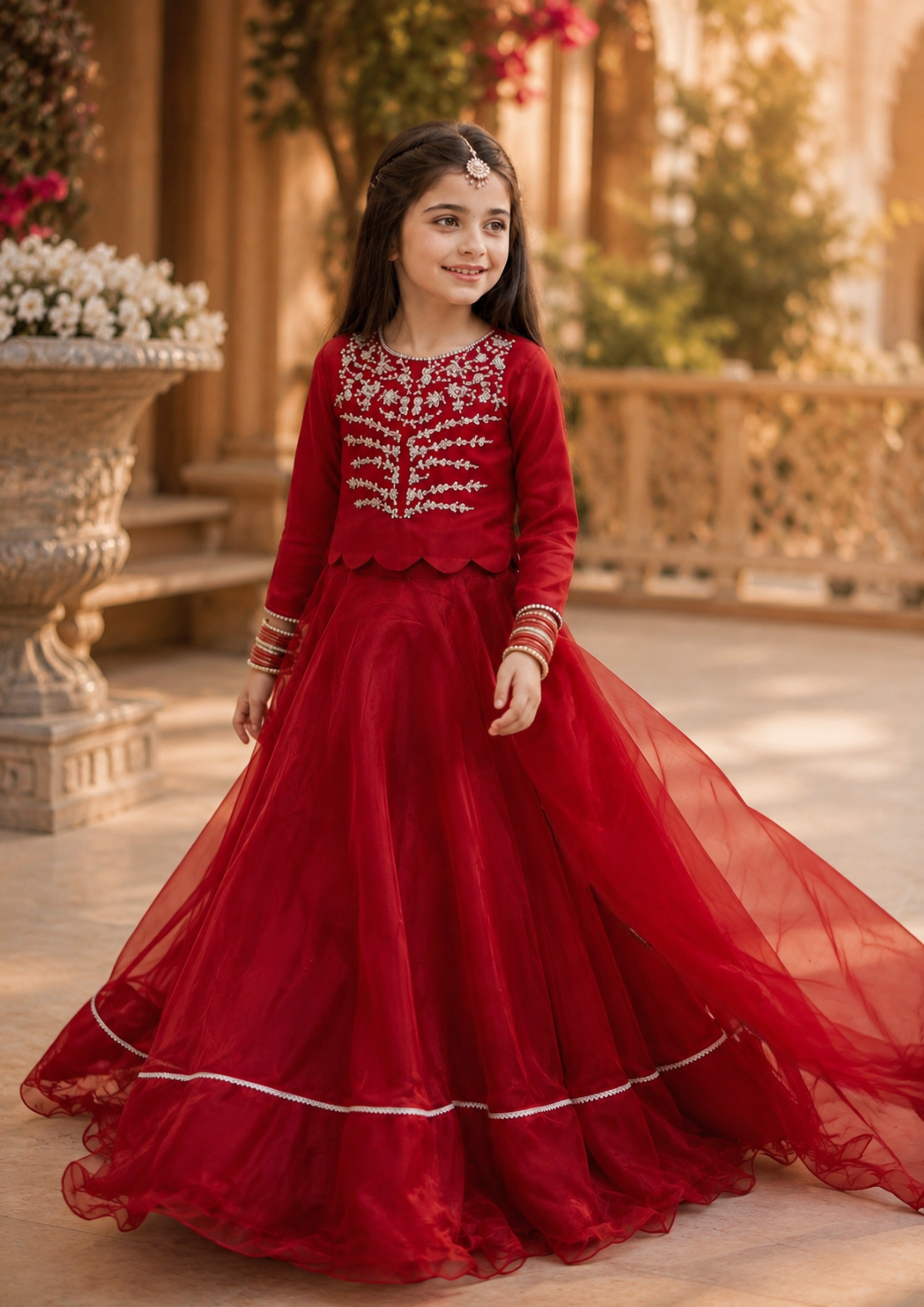 tissue silk Lehenga in Fire red