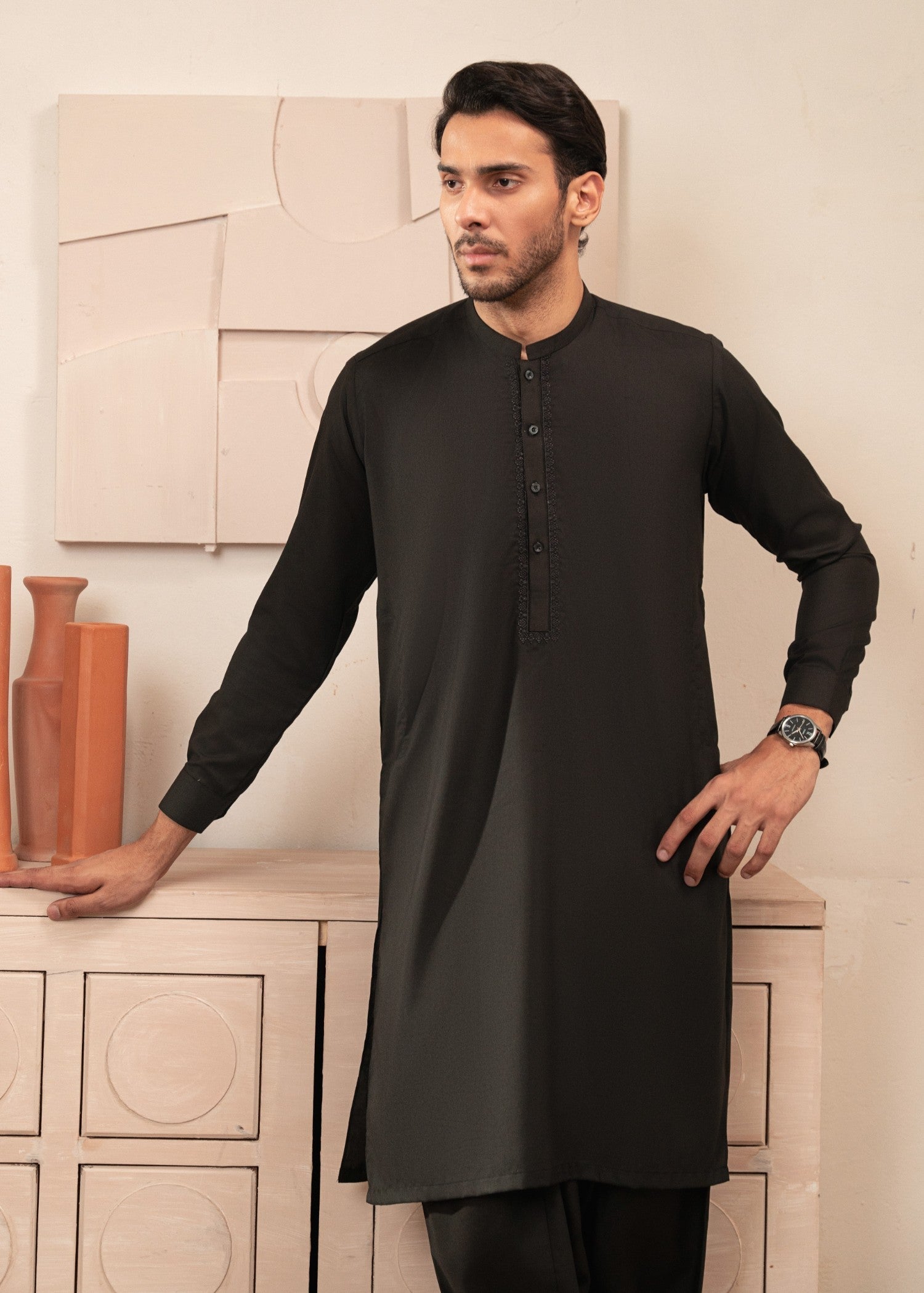 wash & wear Shalwar Kameez in Black by Buraq