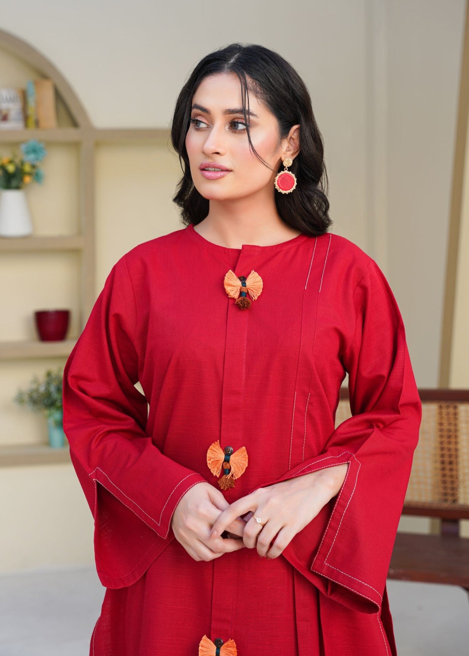 slub khaddar Kurta Set in Crimson