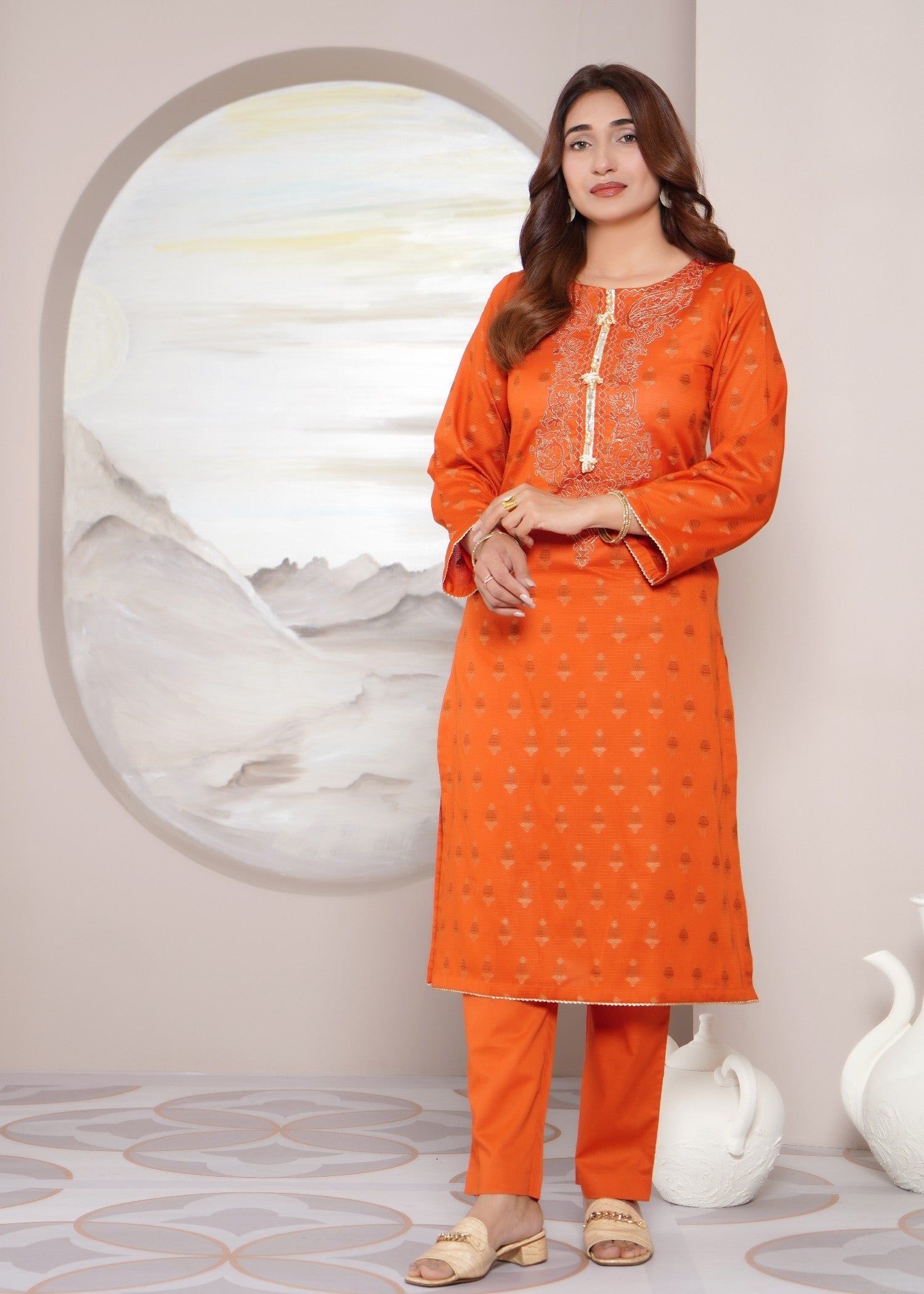 jacquard Kurta Set in Rust orange