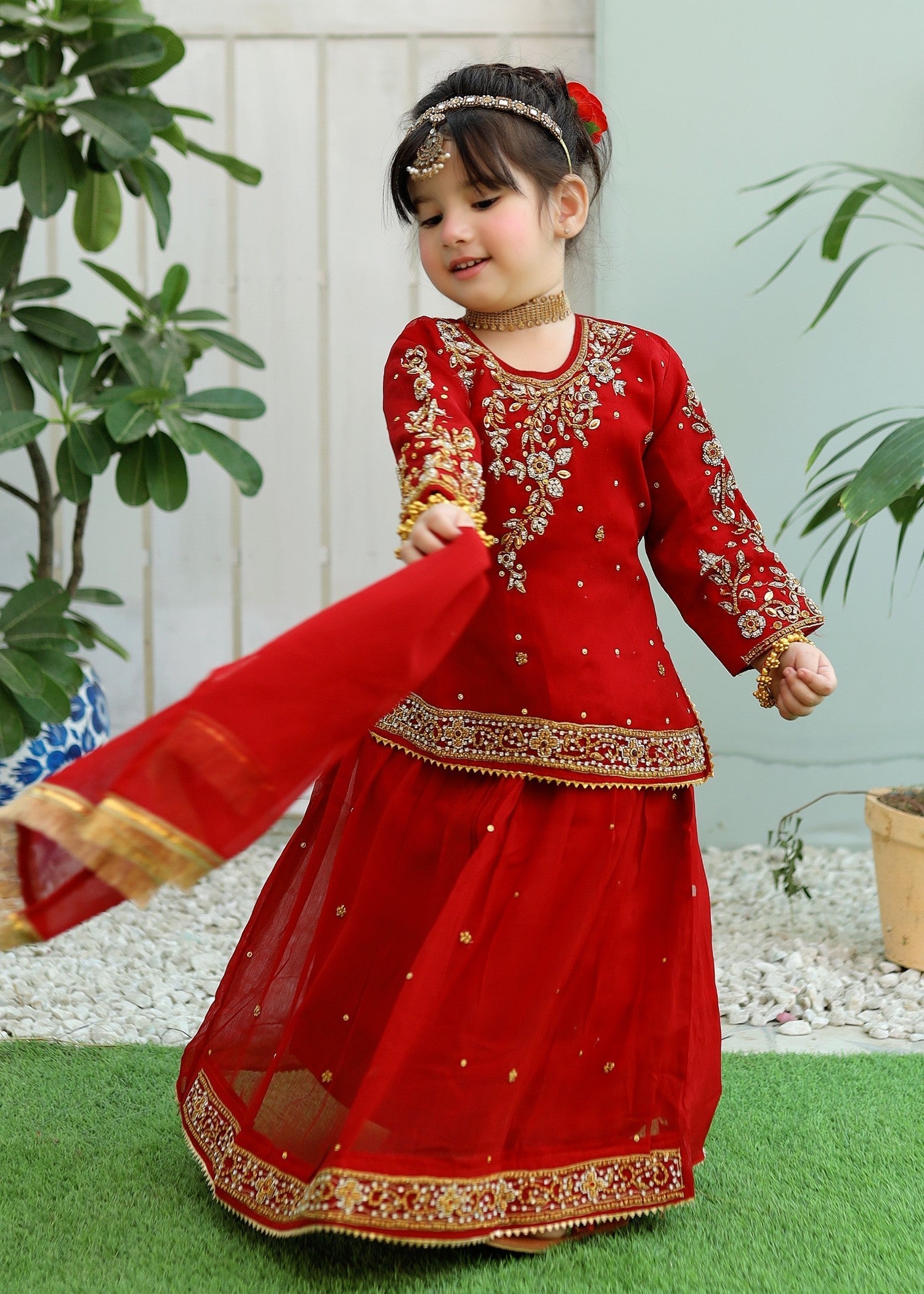 chiffon Lehenga in Venetian red