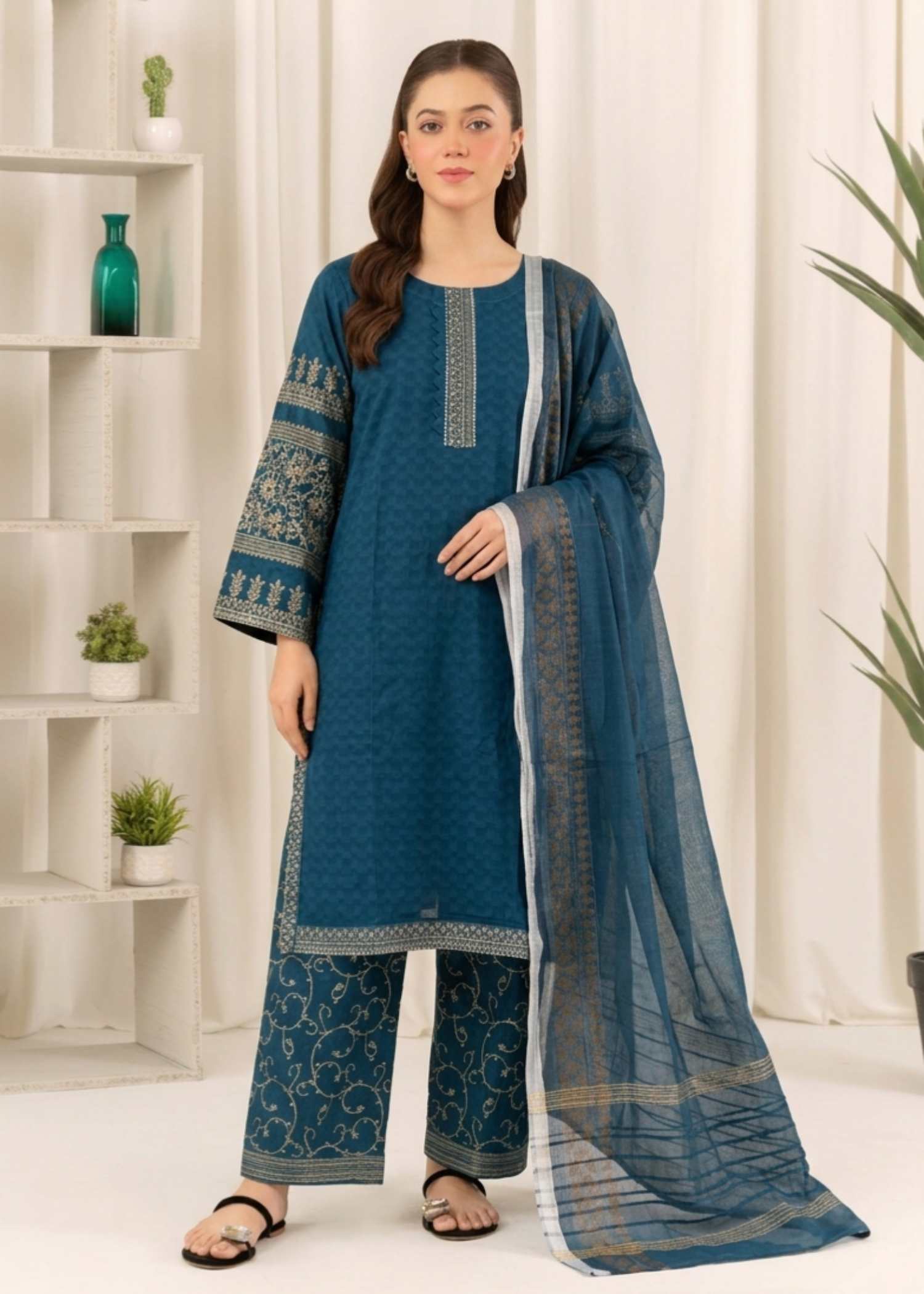 cotton satin Kurta Set in Teal