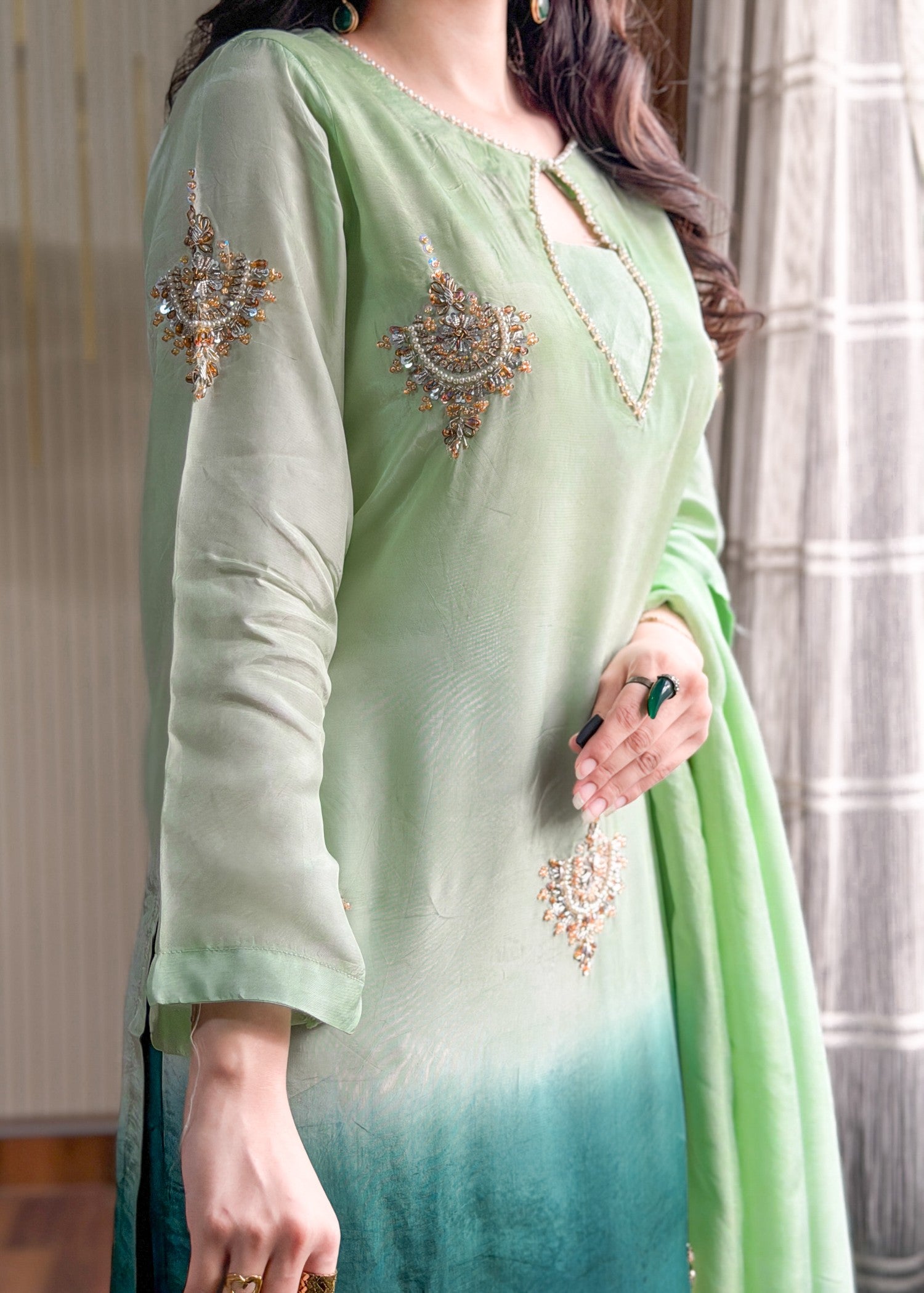 pk grip silk Kurta Set in Bottle green, mint green