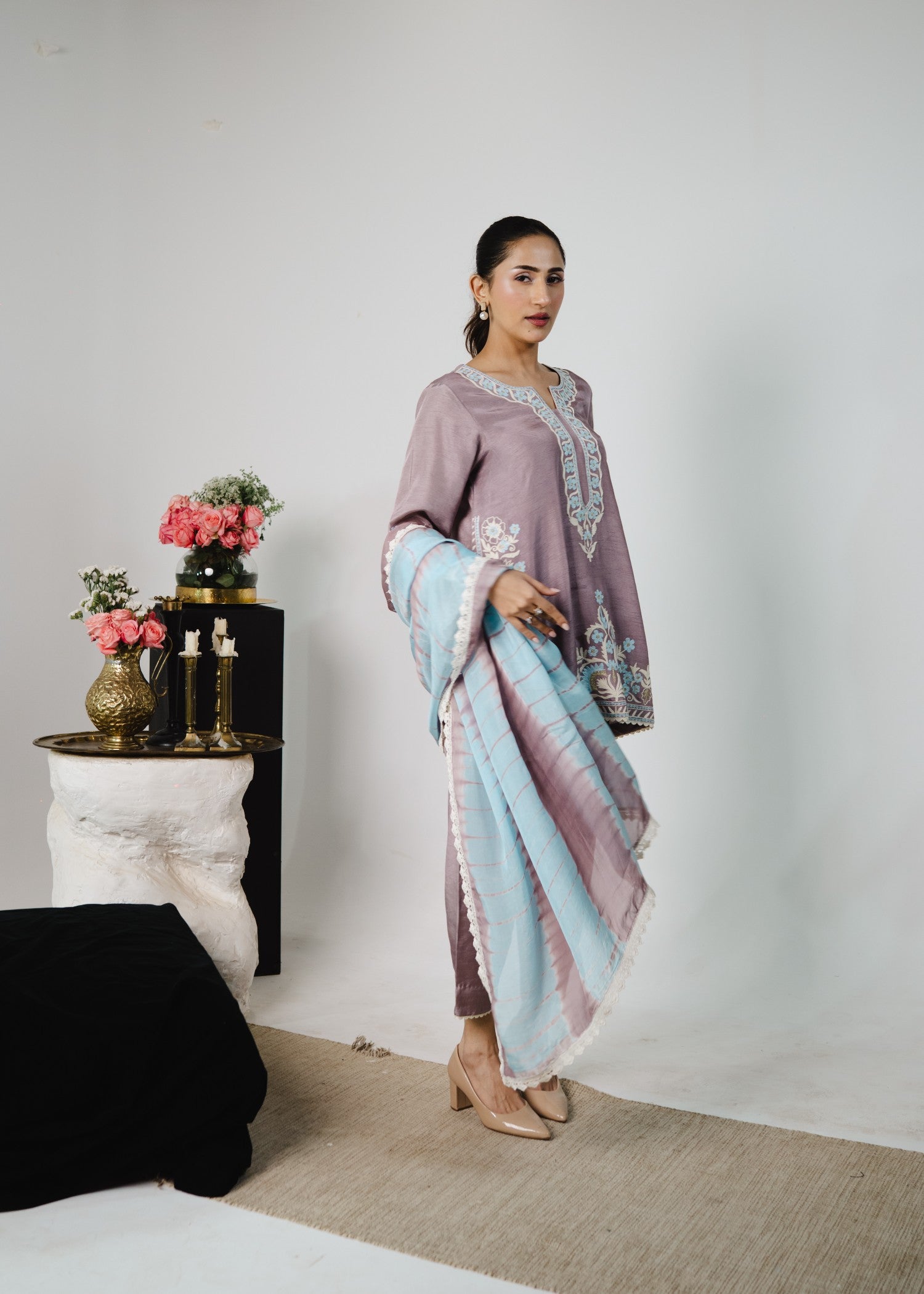 korean raw silk Kurta Set in Mauve pink