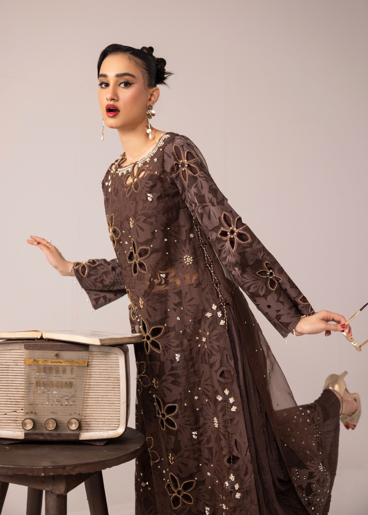 poly organza Sharara in Brunette brown
