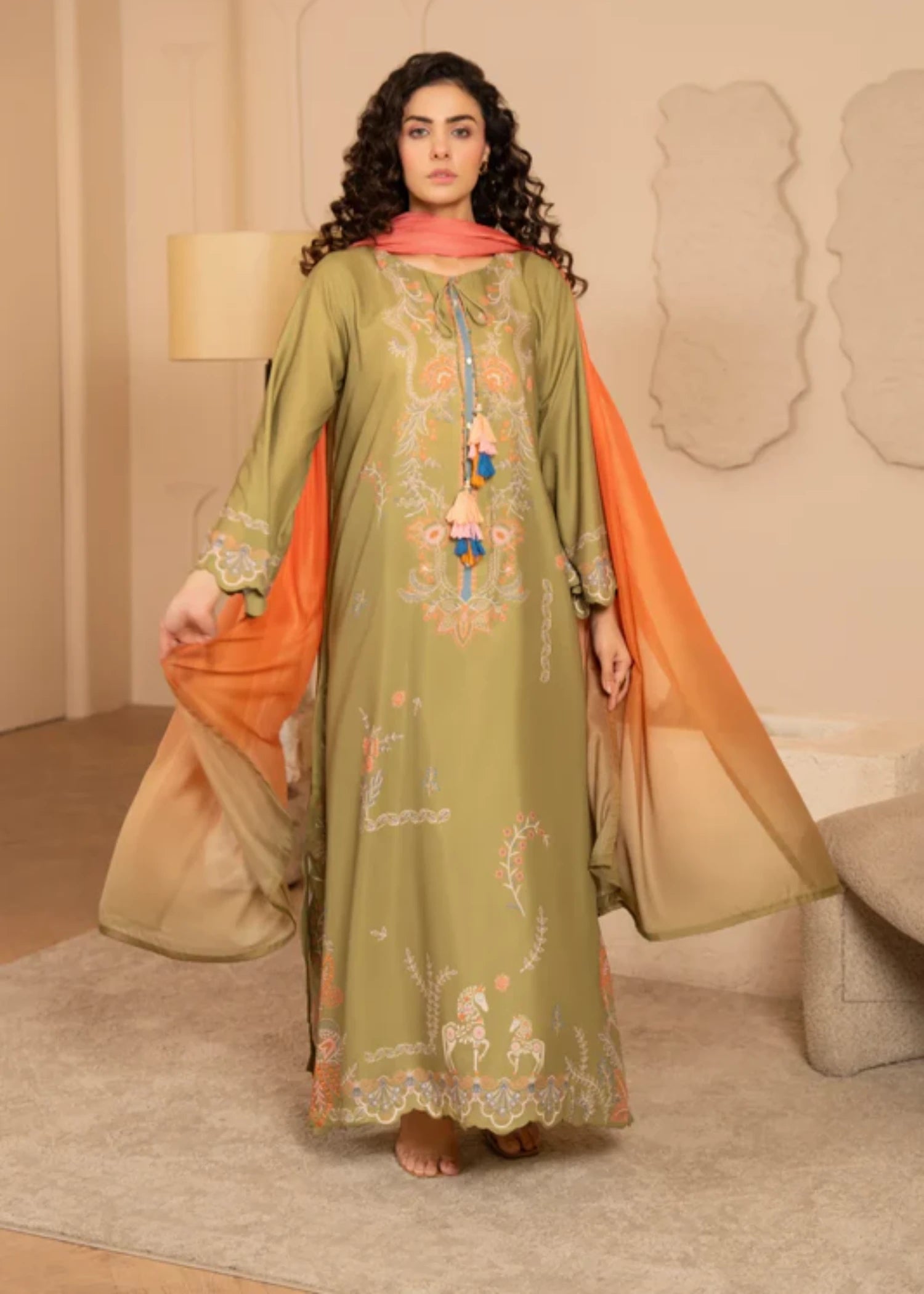 zari lawn Trousers in Olive green