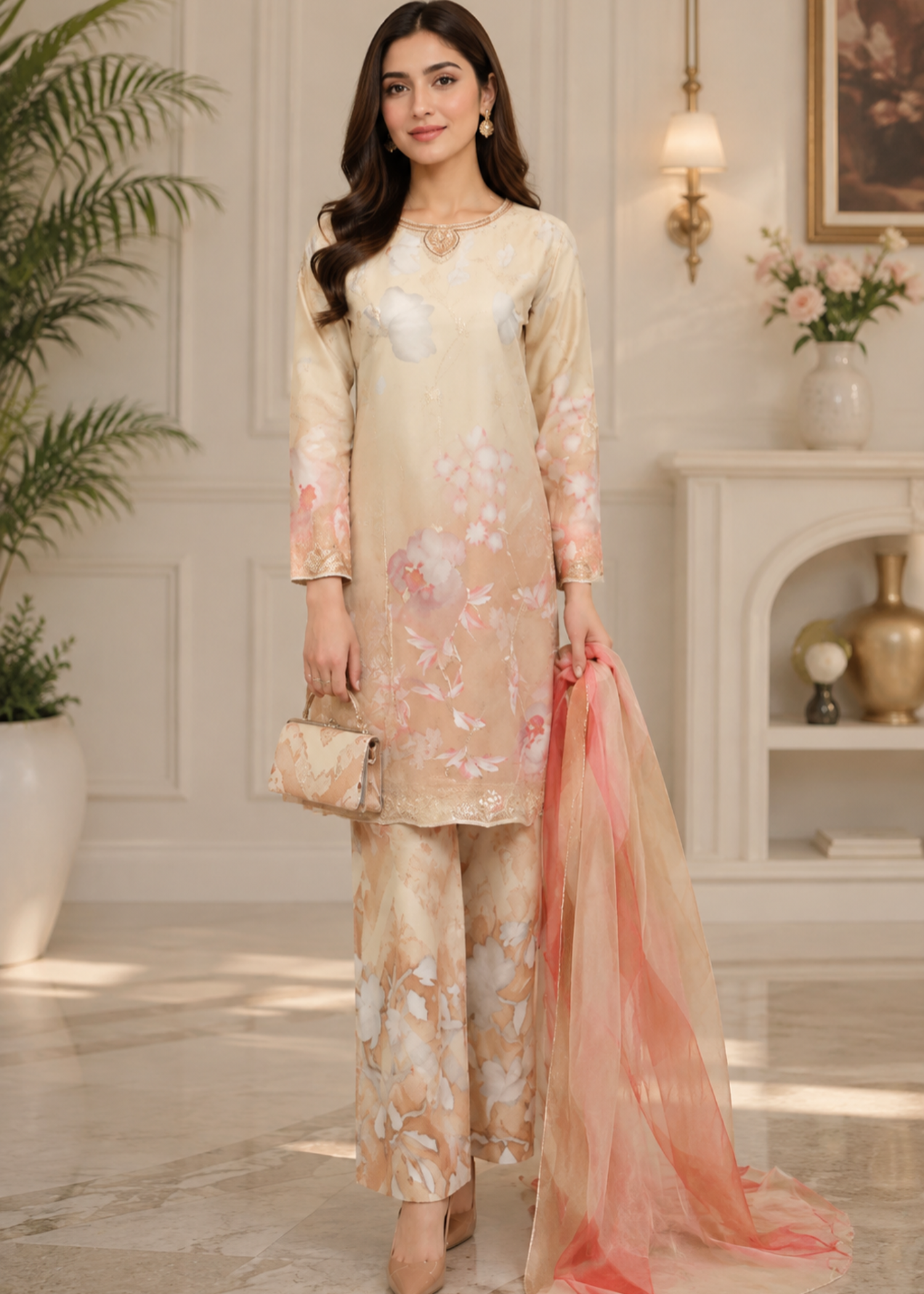 crepe Kurta Set in Peach orange