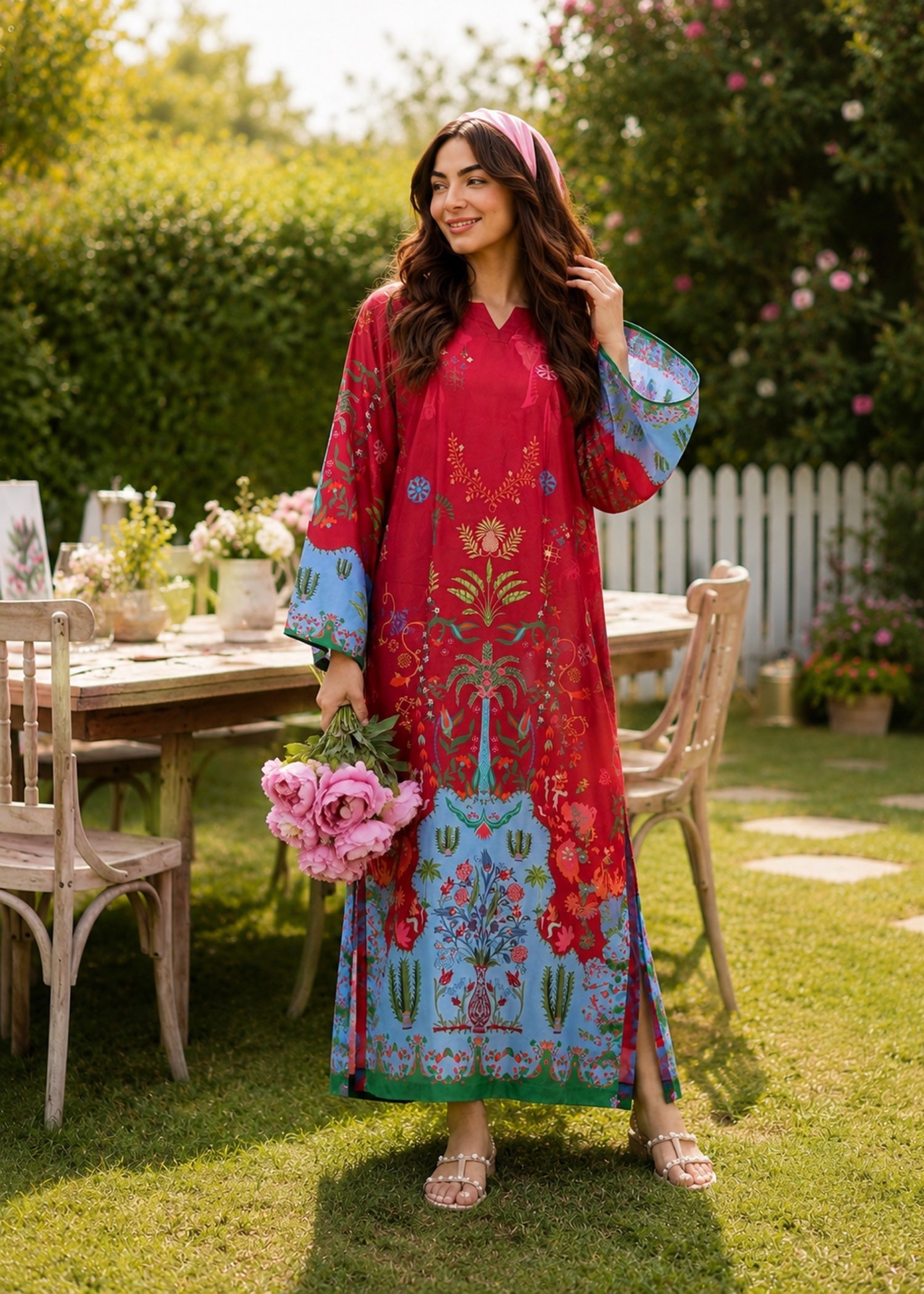 poly lawn Kaftan in Red