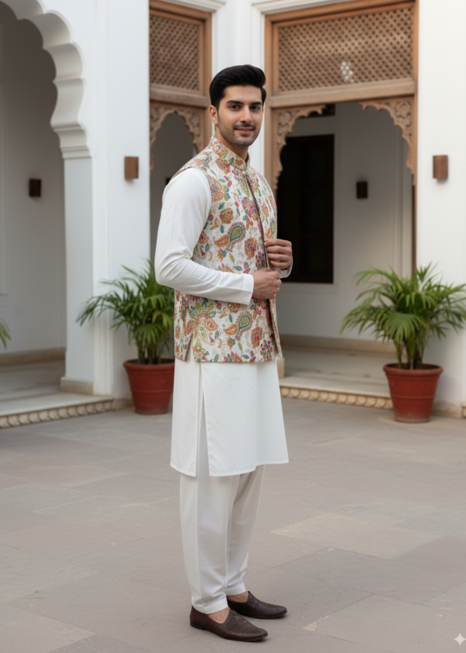 silk cotton net Waistcoat in Multi by J Pardesi