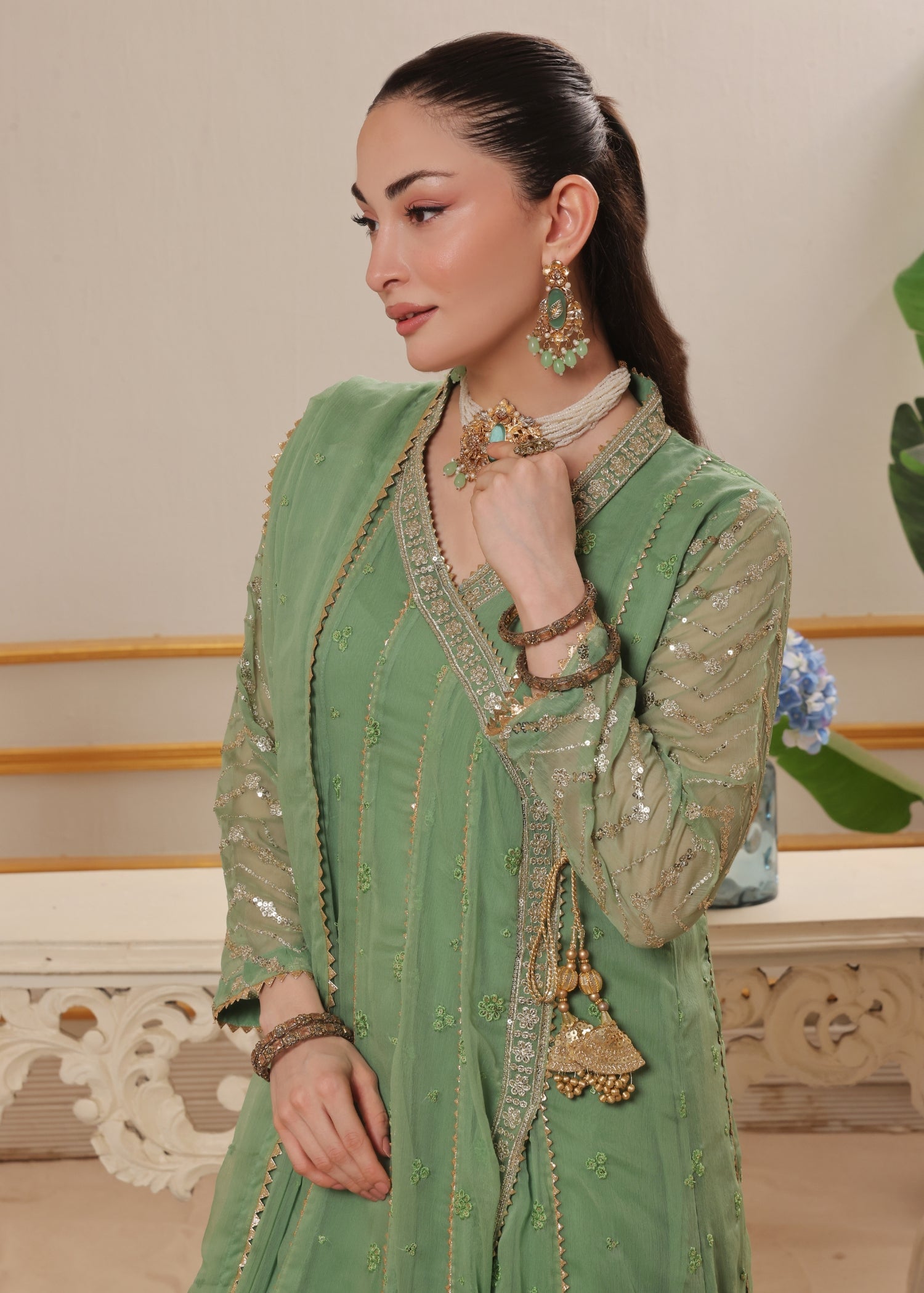 chiffon Angrakha in Pastel green