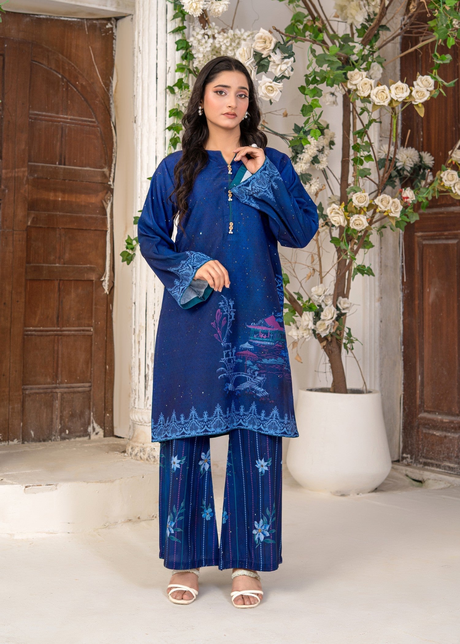 swiss lawn Kurta Set in Blue, dark blue, midnight blue