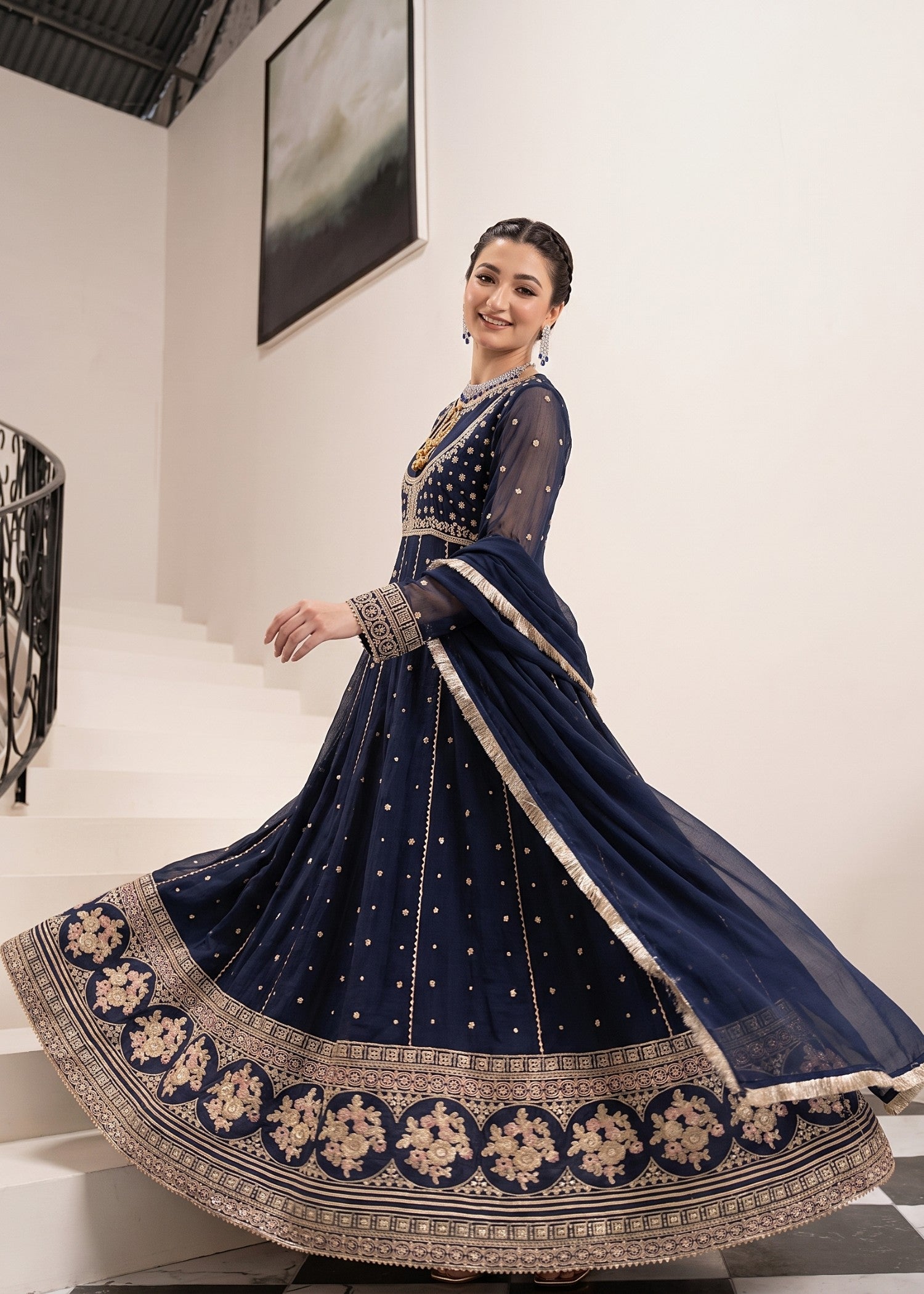 chiffon Anarkali in Navy blue