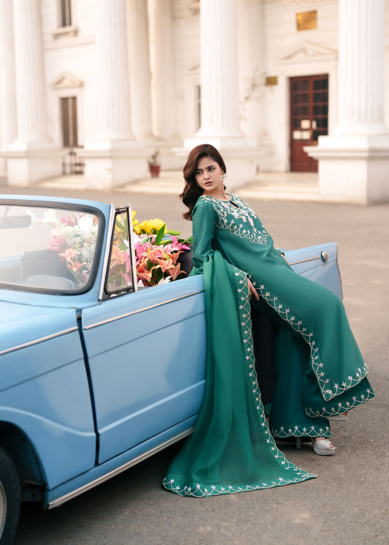 tissue silk Kurta Set in Pine green