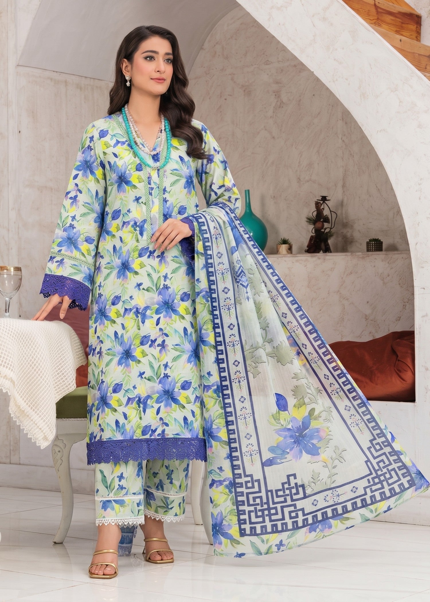 lawn Kurta Set in Royal blue, cloud blue, spring bud