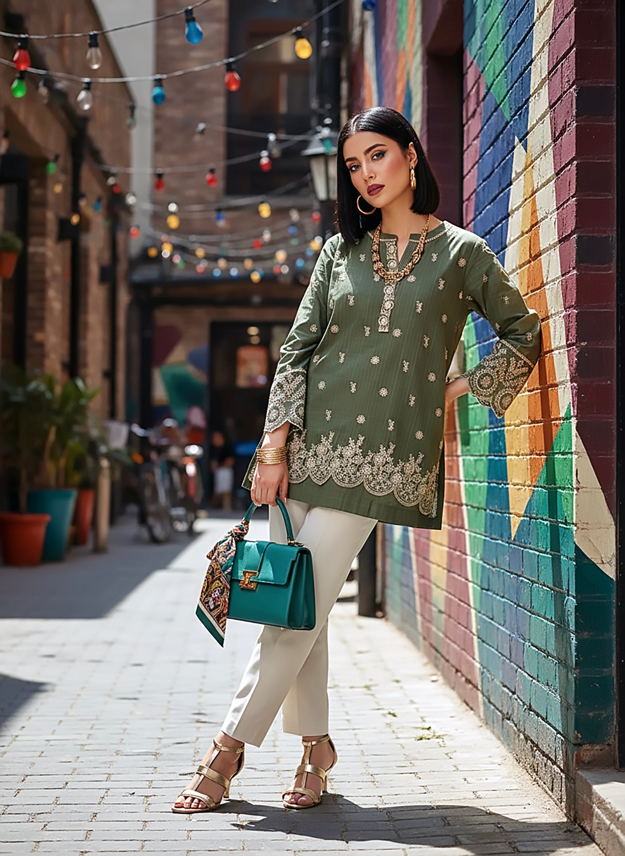 cambric Kurti in Olive green