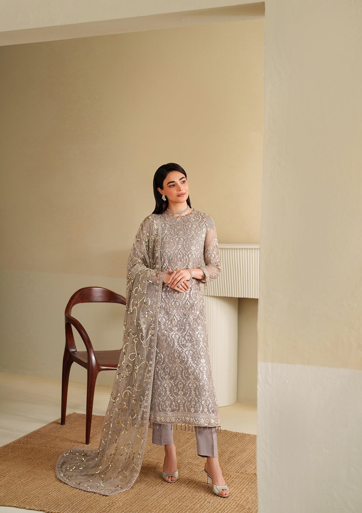 khaddi net Kurta Set in Silver