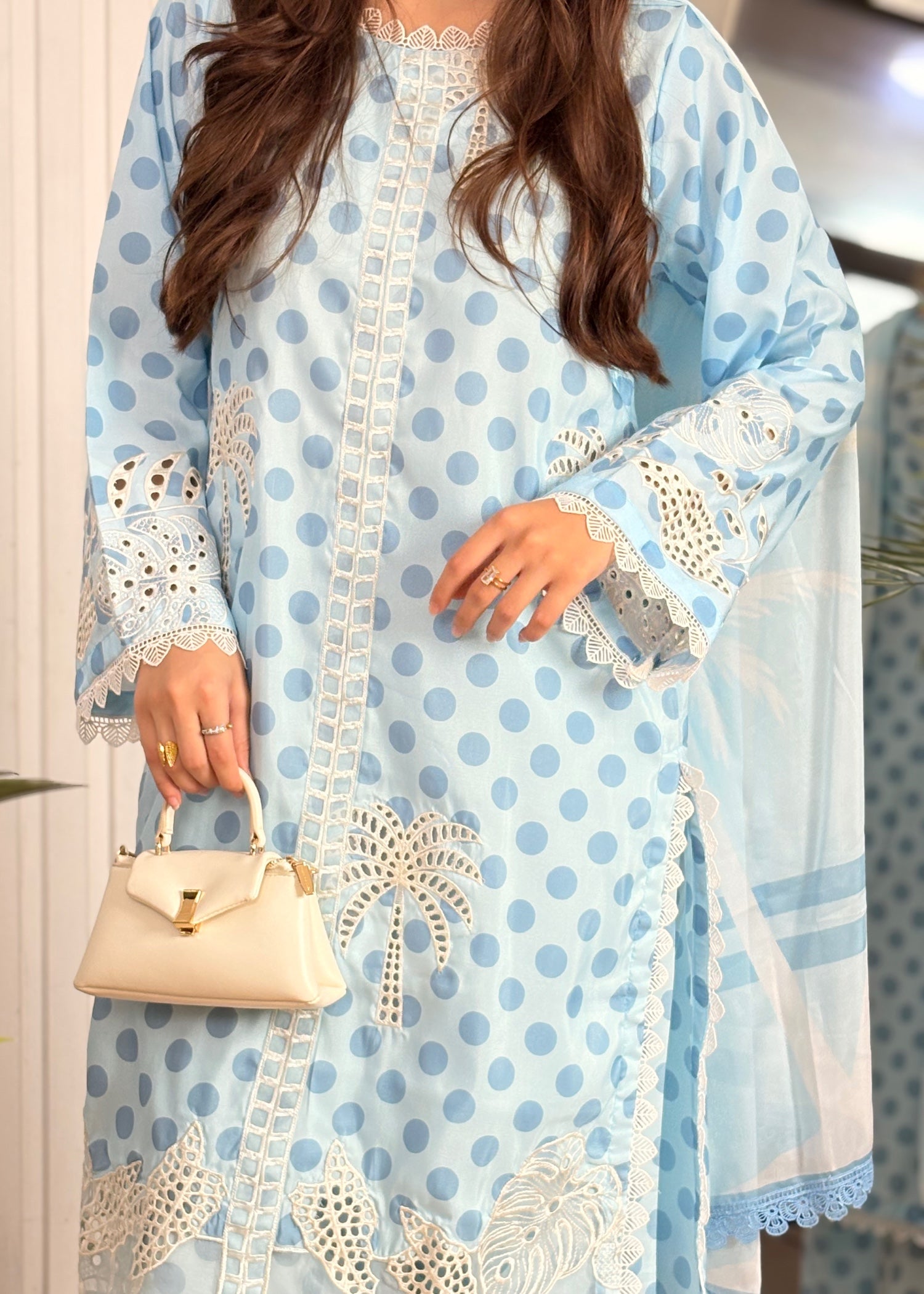 lawn Kurta Set in Sky blue, white