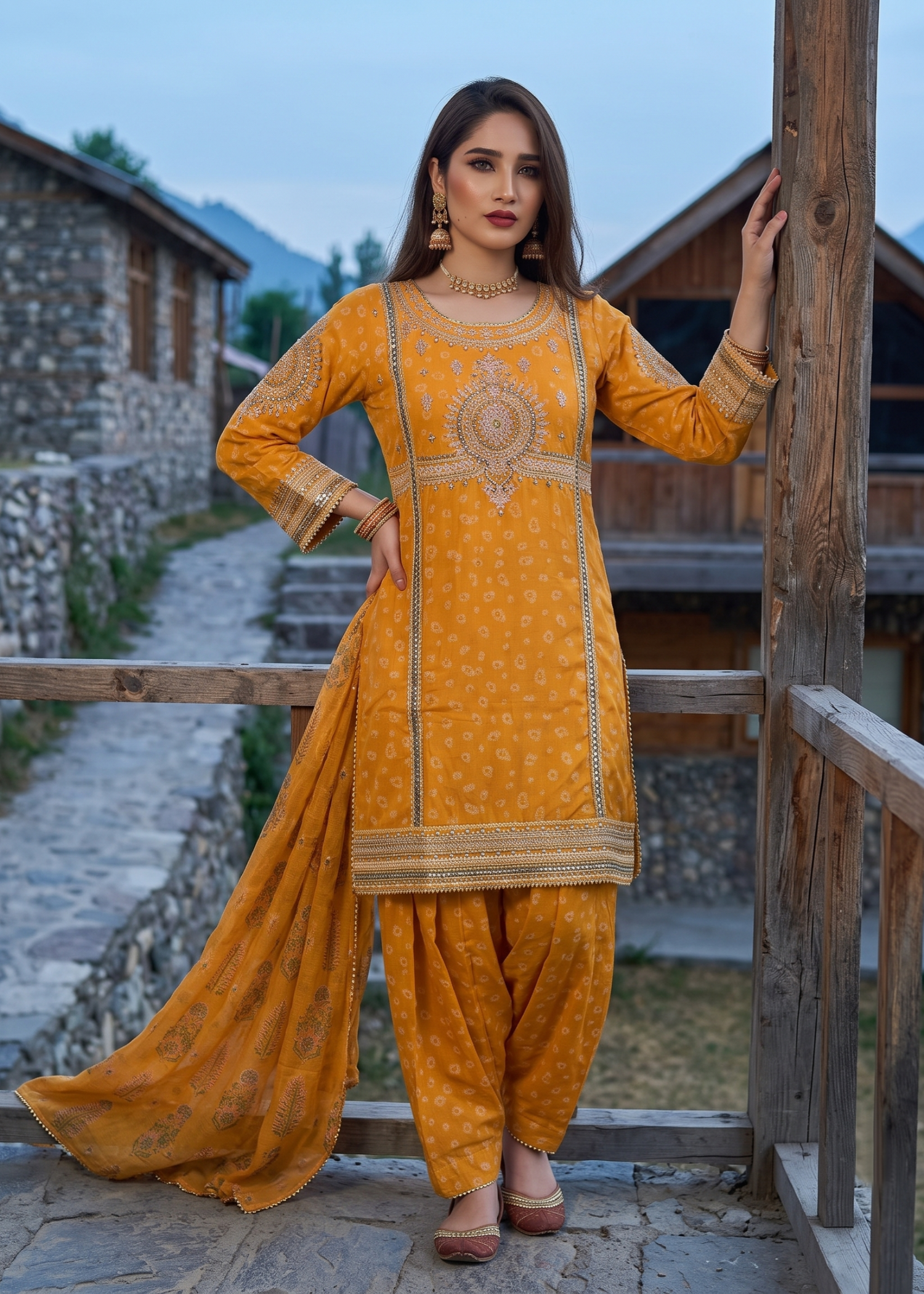 jacquard Kurta Set in Mustard