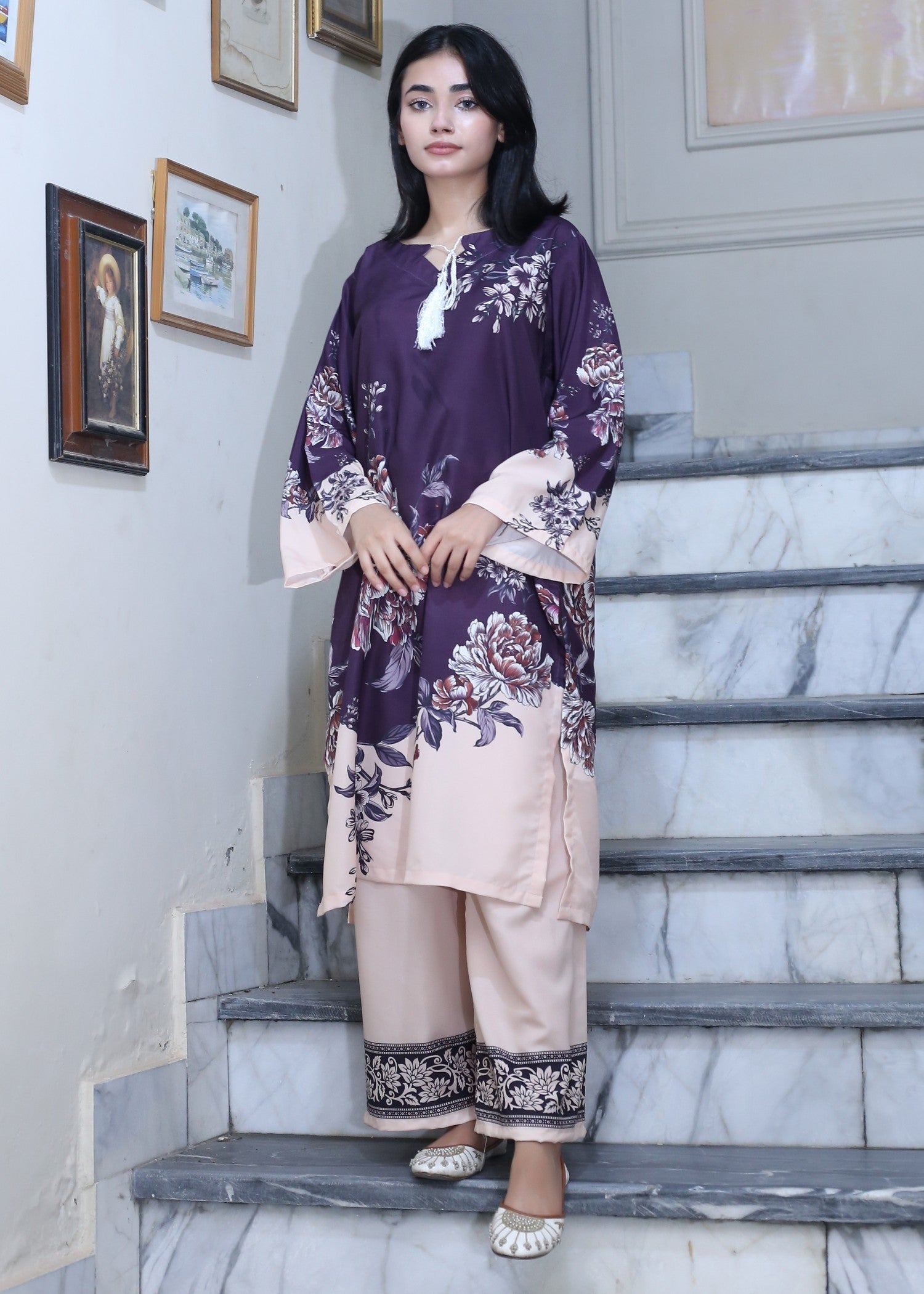 poly lawn Kurta Set in Tea rose pink, purple
