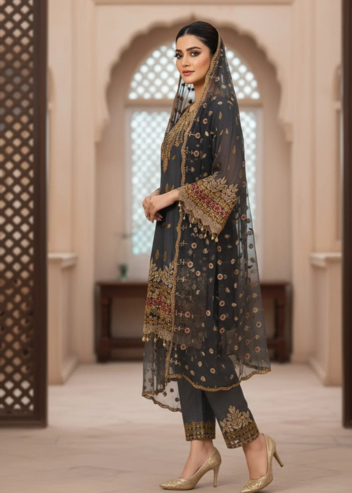 chiffon Short Frock in Dark grey