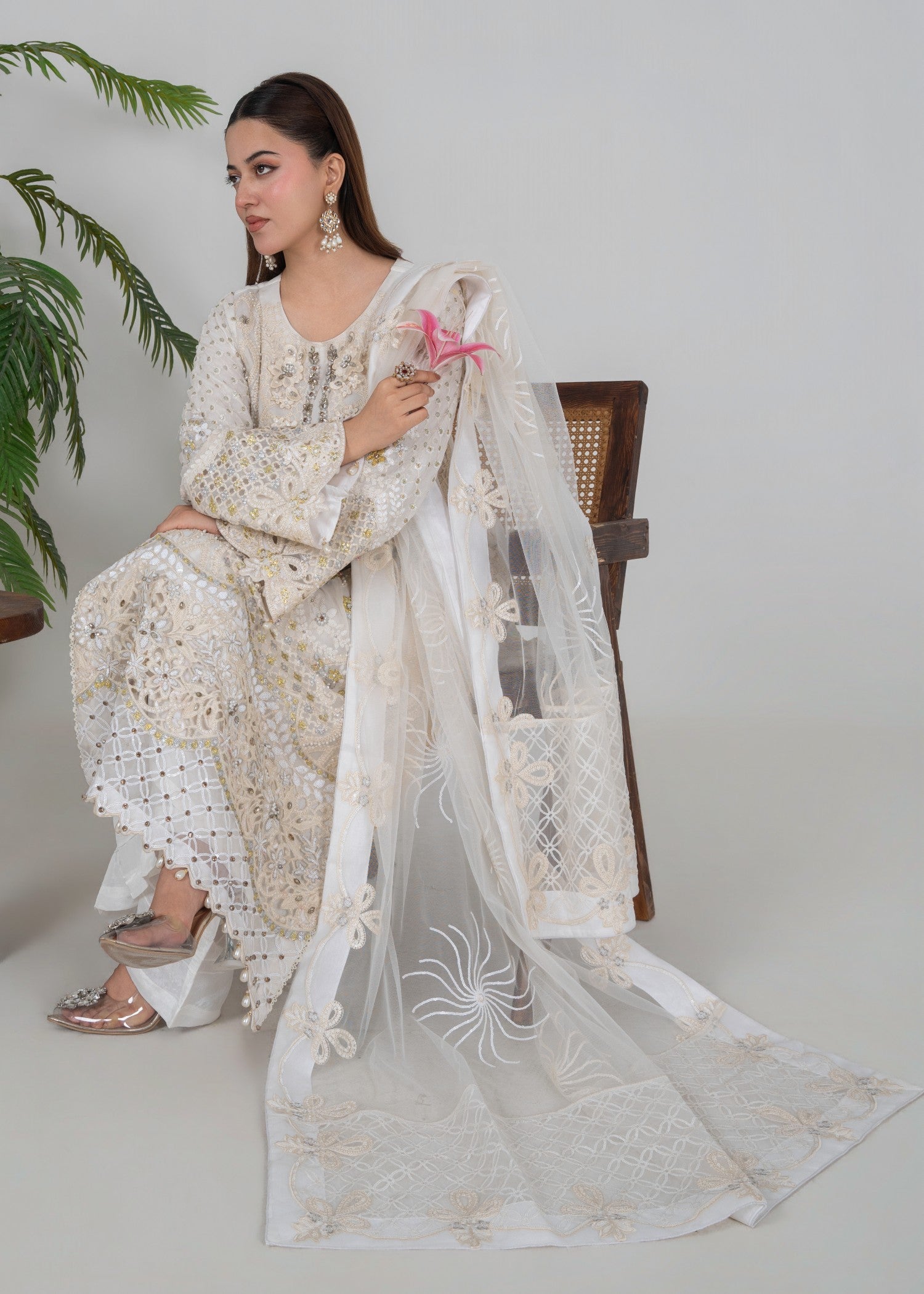 crinkle chiffon Kurta Set in Milk