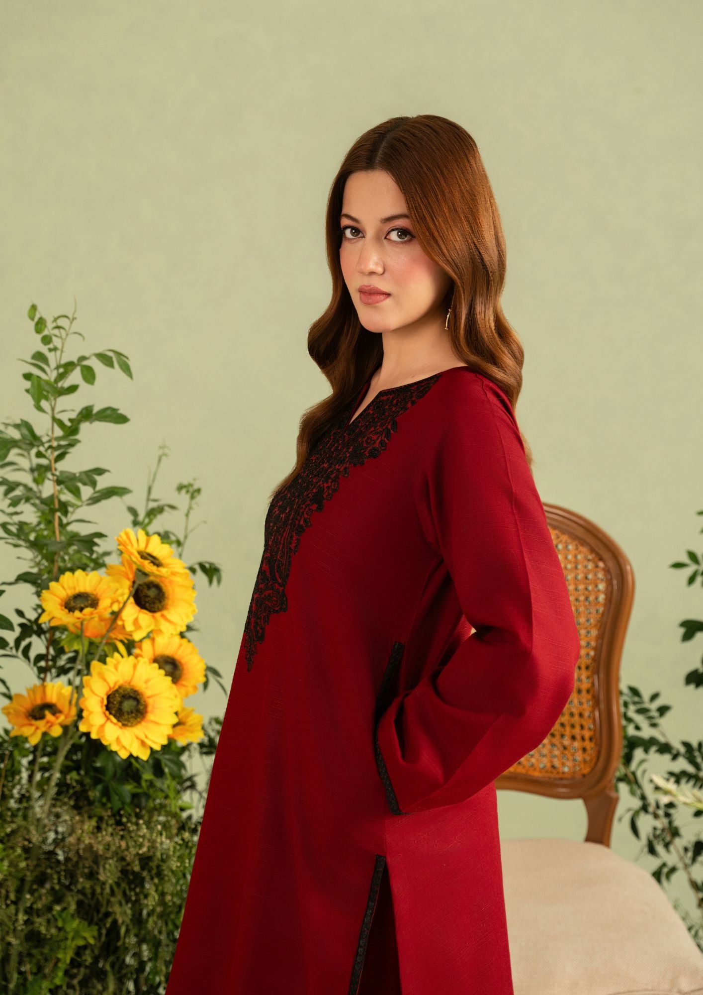 slub khaddar Kurta Set in Maroon