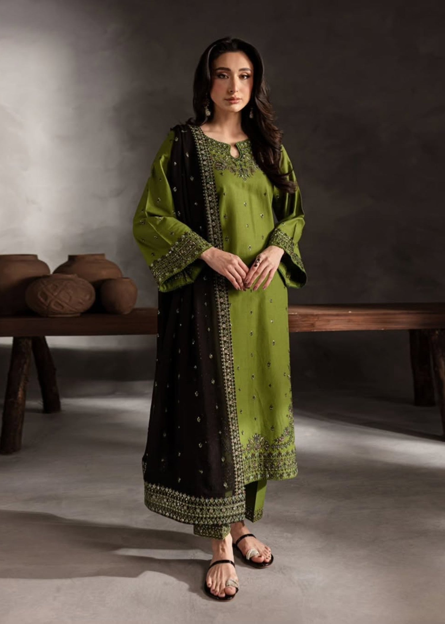 linen Kurta Set in Olive green