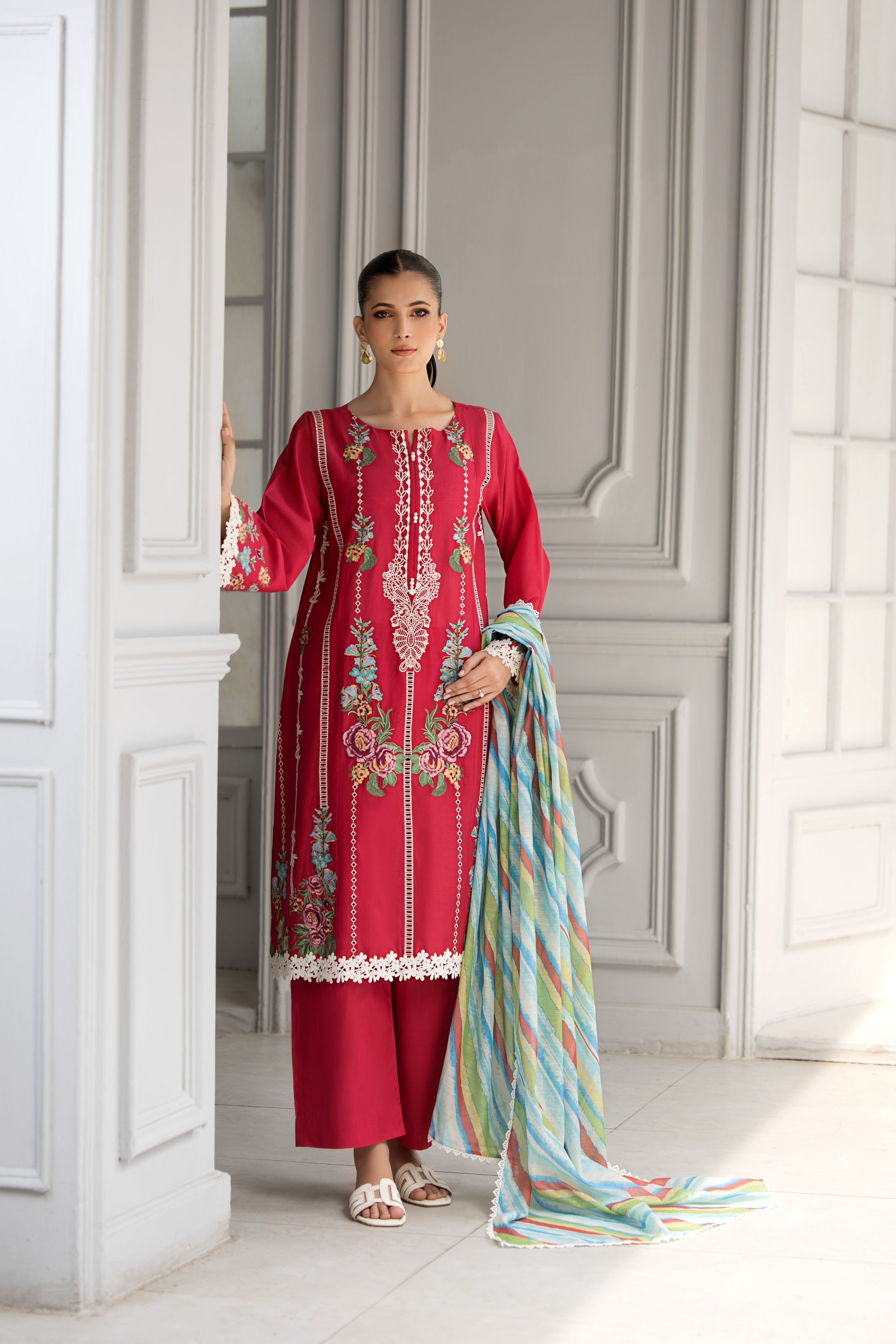 lawn Kurta Set in Deep carmine