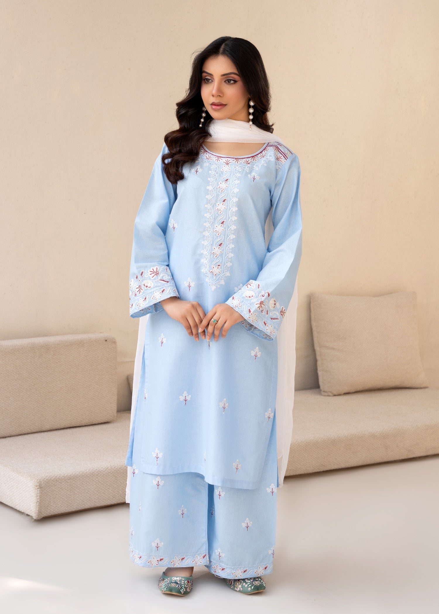 cambric Kurta Set in Sky blue
