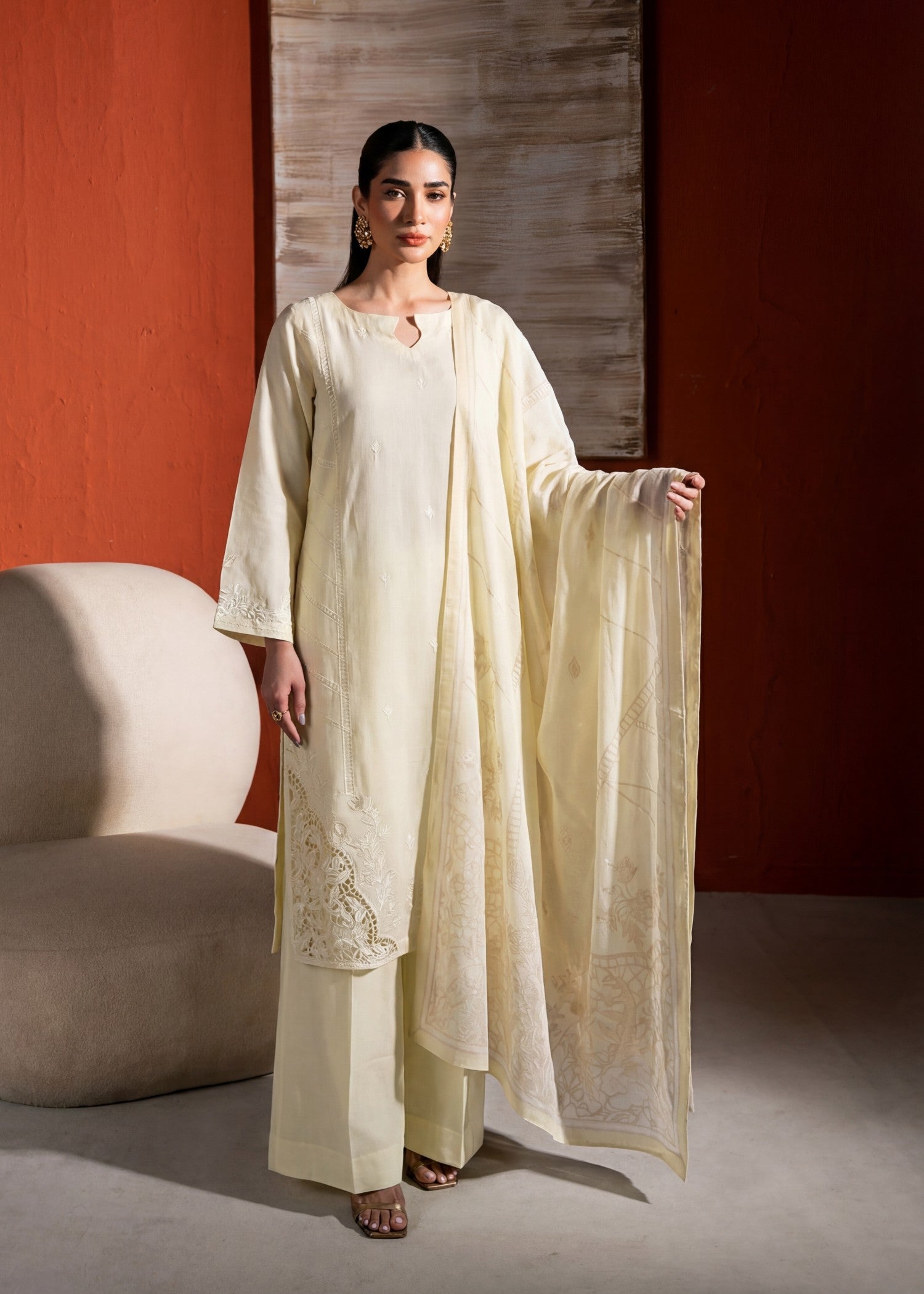 textured lawn Kurta Set in Off-white