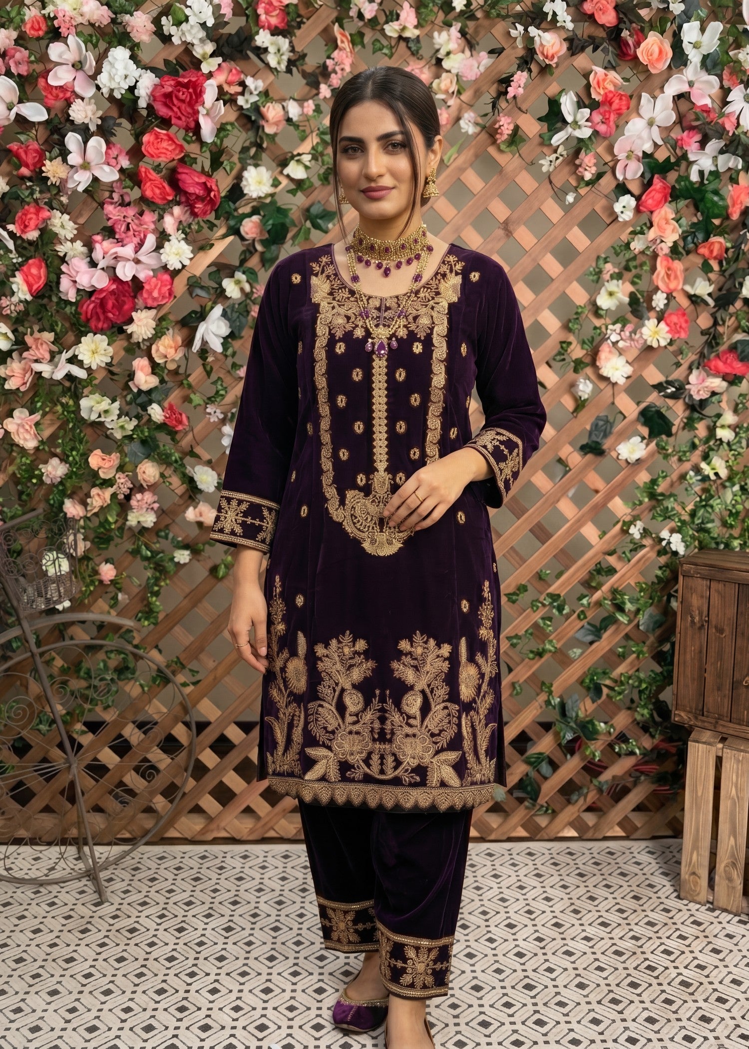velvet Kurta Set in Purple