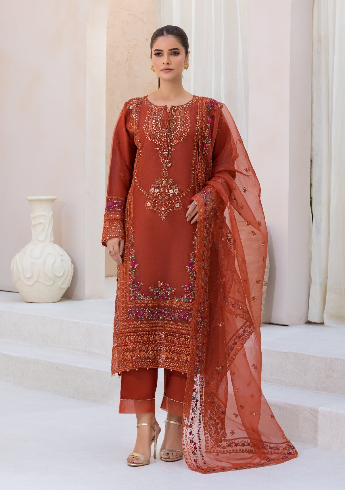 organza Kurta Set in Rust red