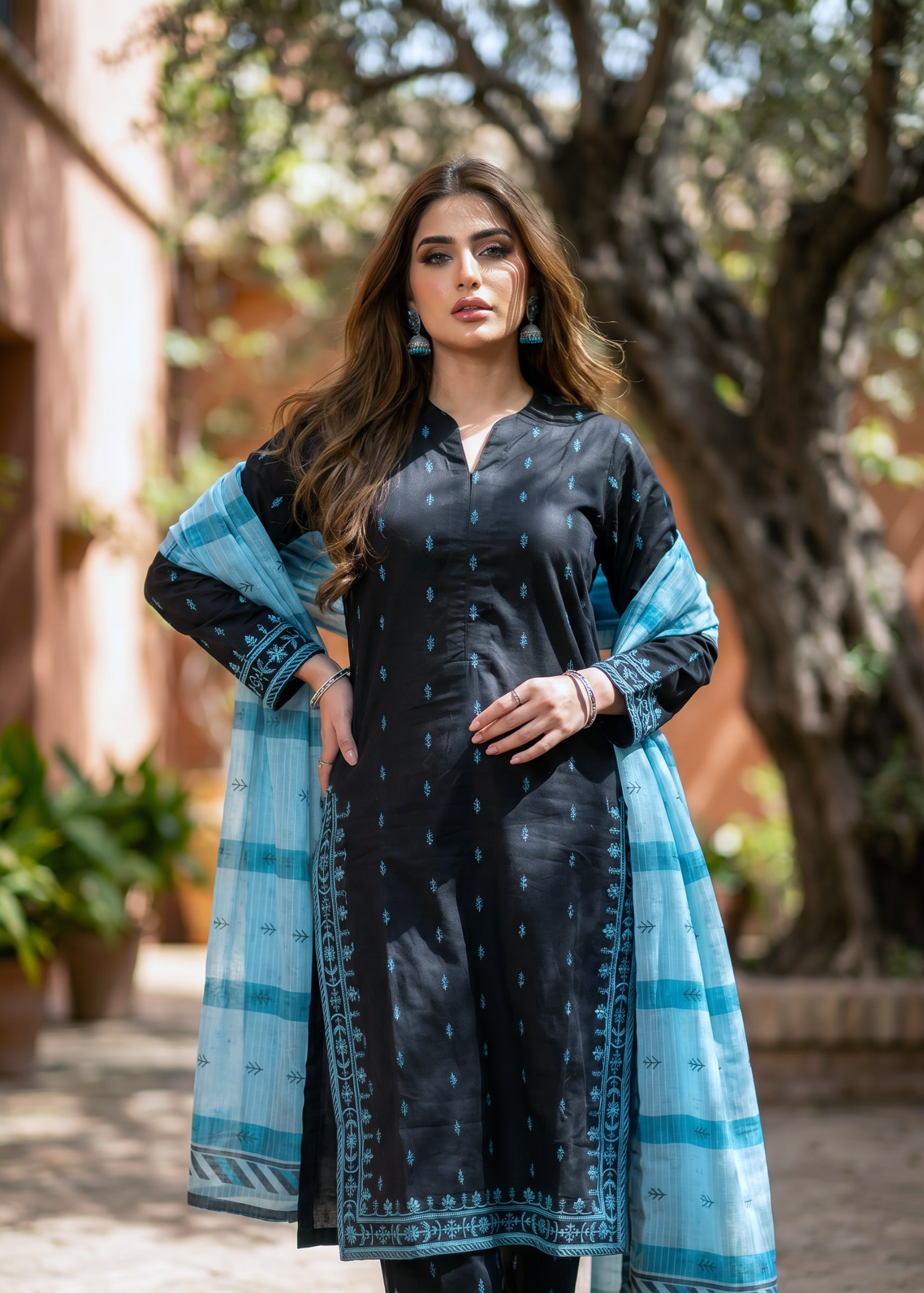 cotton Kurta Set in Black, sky blue