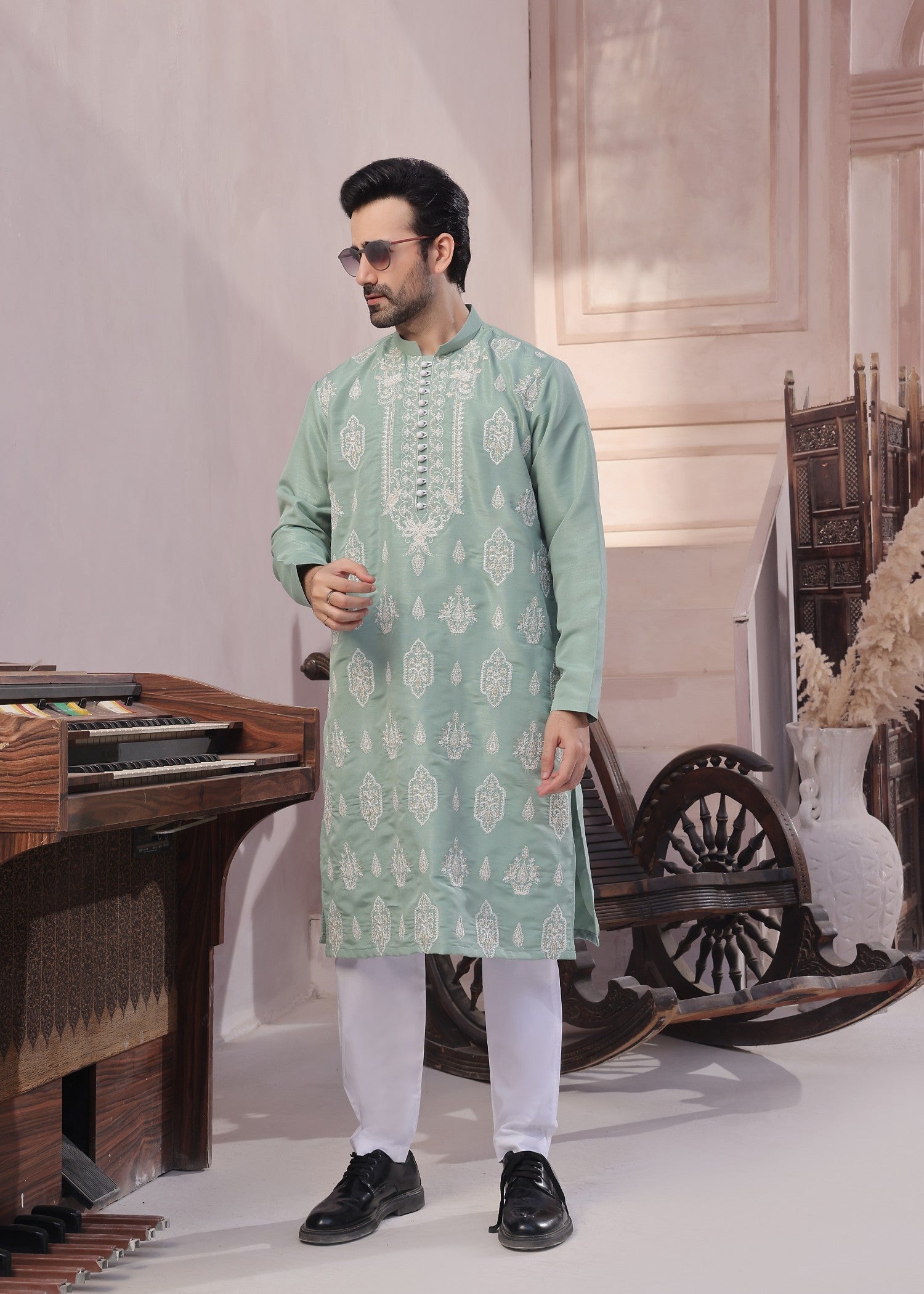 raw silk Kurta Set in Aquamarine by The Great Masters (TGM)
