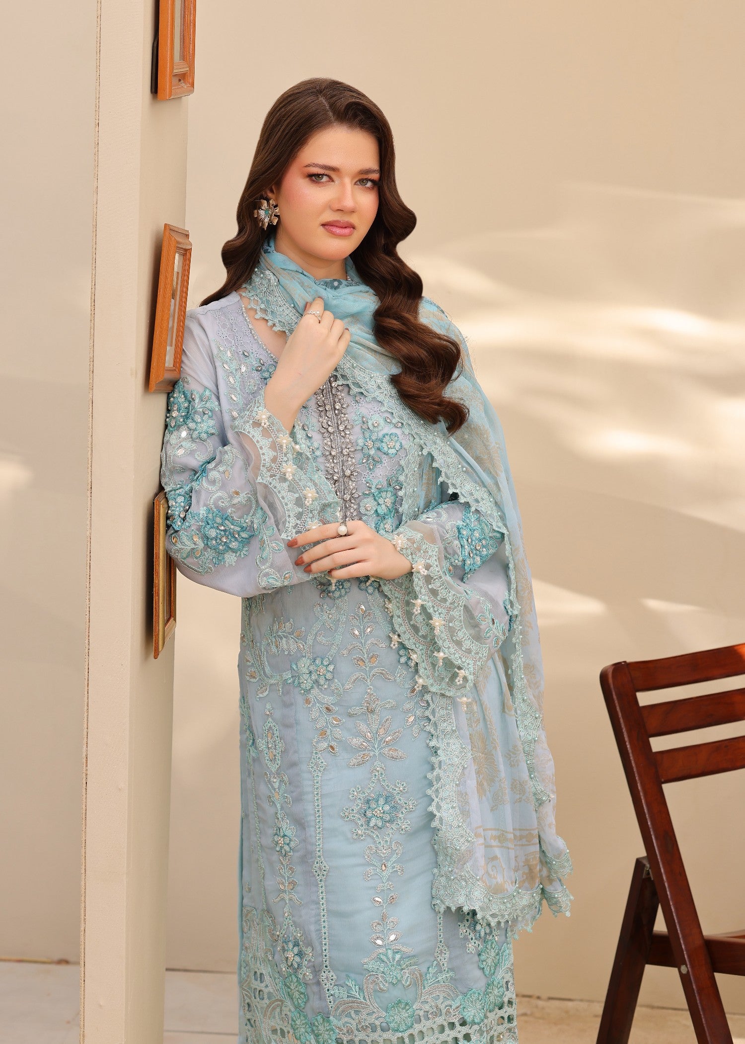 chiffon Kurta Set in Light blue
