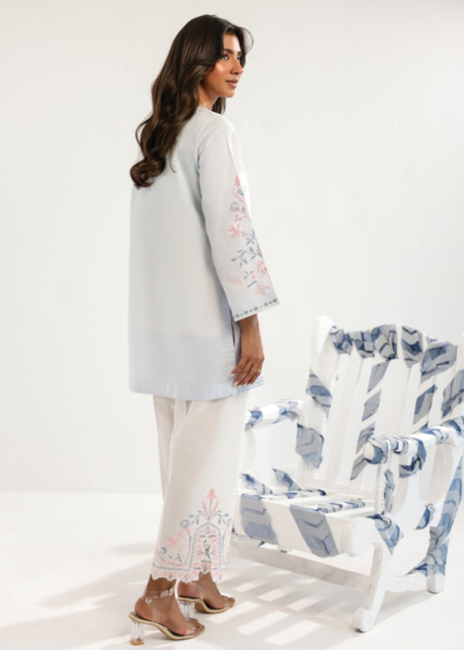 cambric Kurta Set in Ice blue, off-white