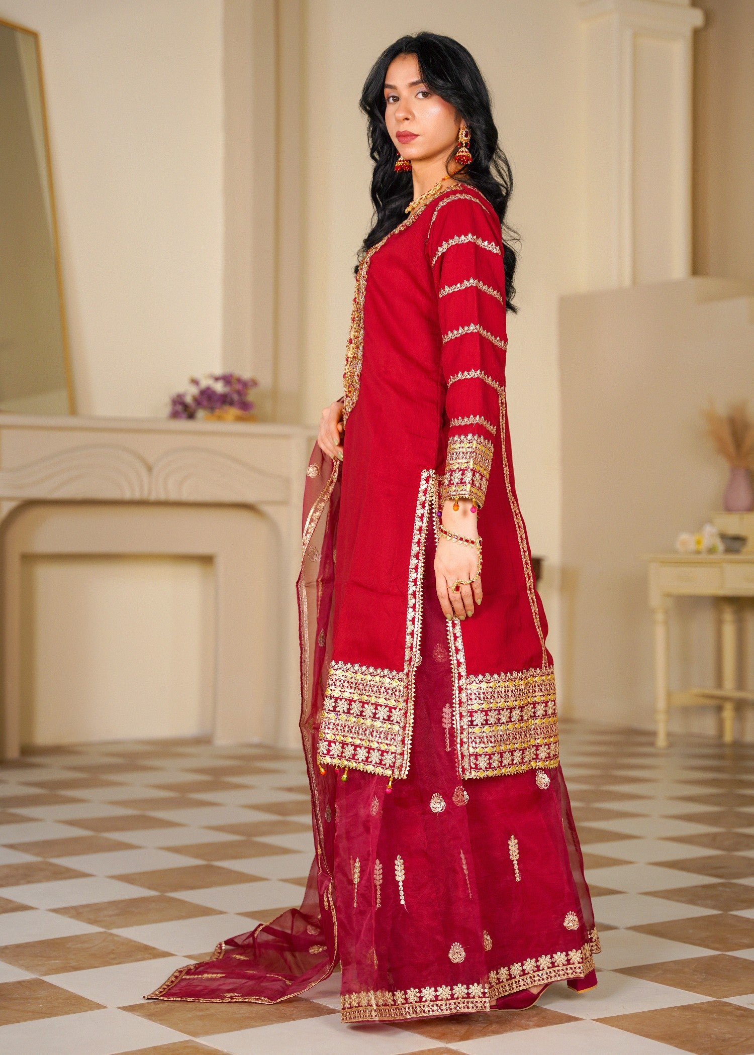 chiffon Sharara in Gold, cherry red