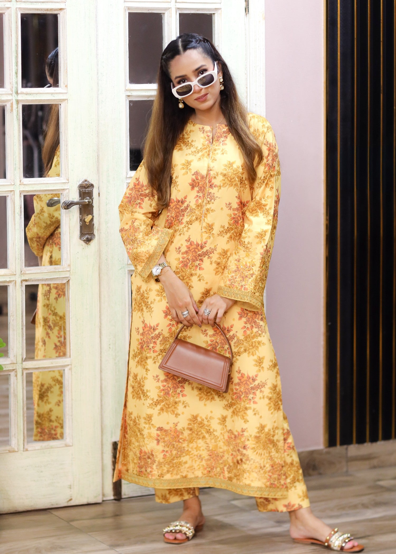 silk finish lawn Co Ord Sets in Mustard