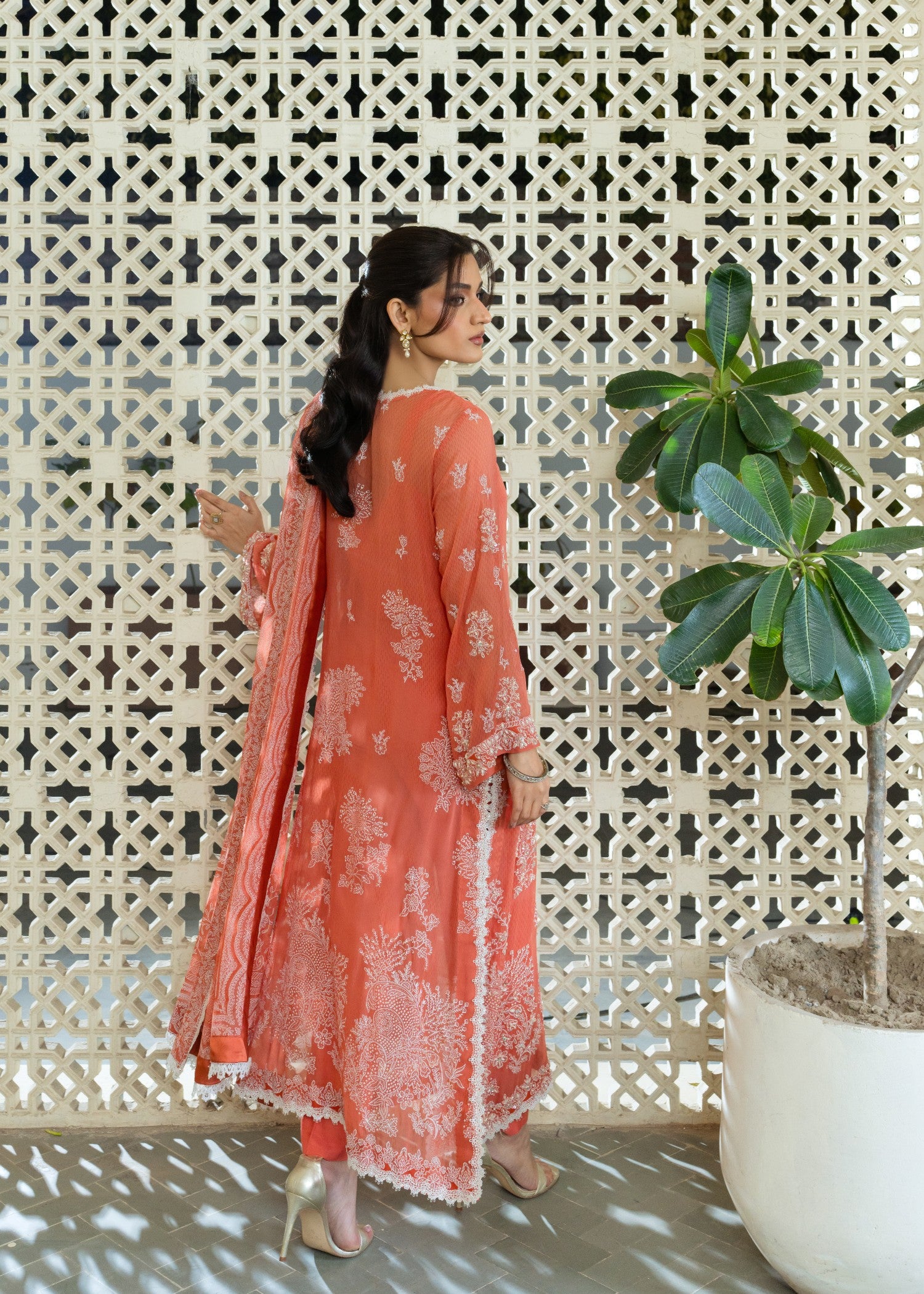crinkle chiffon Unstitched in Salmon